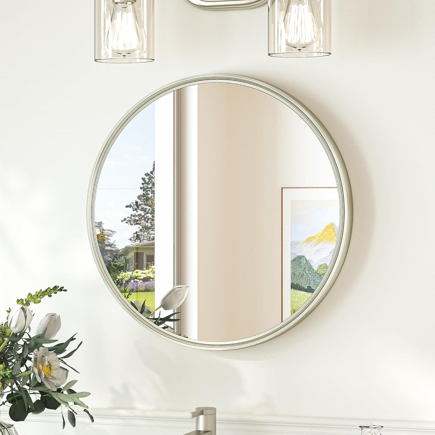 TokeShimi 18 in Round Brushed Nickel Mirror Bathroom, Shatterproof Bathroom Vanity Mirror Circle, 18x18 Silver Round Mirrored Farmhouse Aluminum for Entryway, Bedroom, Restroom, Vanity, Living Room