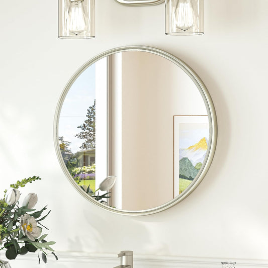TokeShimi 18 in Round Brushed Nickel Mirror Bathroom, Shatterproof Bathroom Vanity Mirror Circle, 18x18 Silver Round Mirrored Farmhouse Aluminum for Entryway, Bedroom, Restroom, Vanity, Living Room