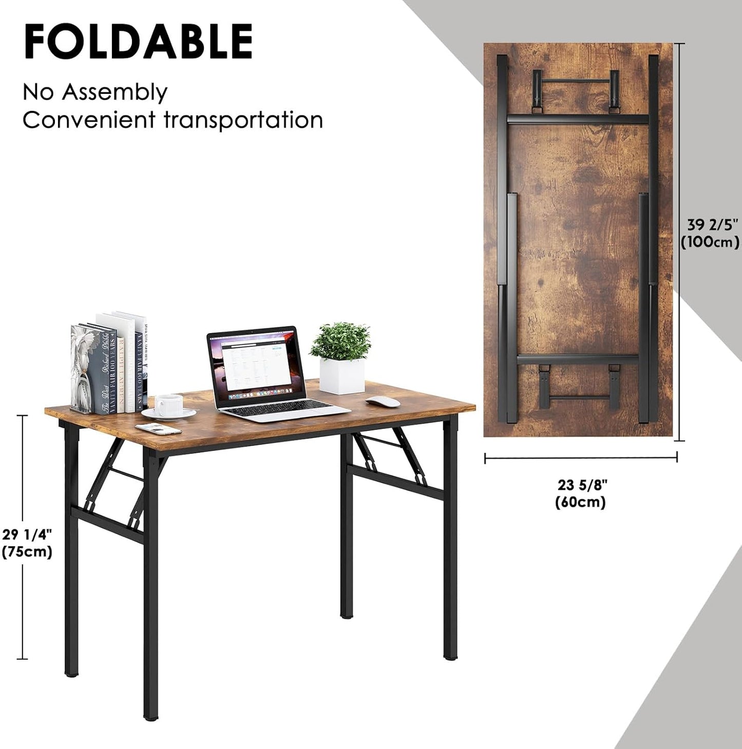 Need Folding Desk for Home Office 39-3/8 inch Length Modern Folding Table Computer Desk No Install Needed Rustic Brown Desktop Black Frame AC5FB(100 * 60)
