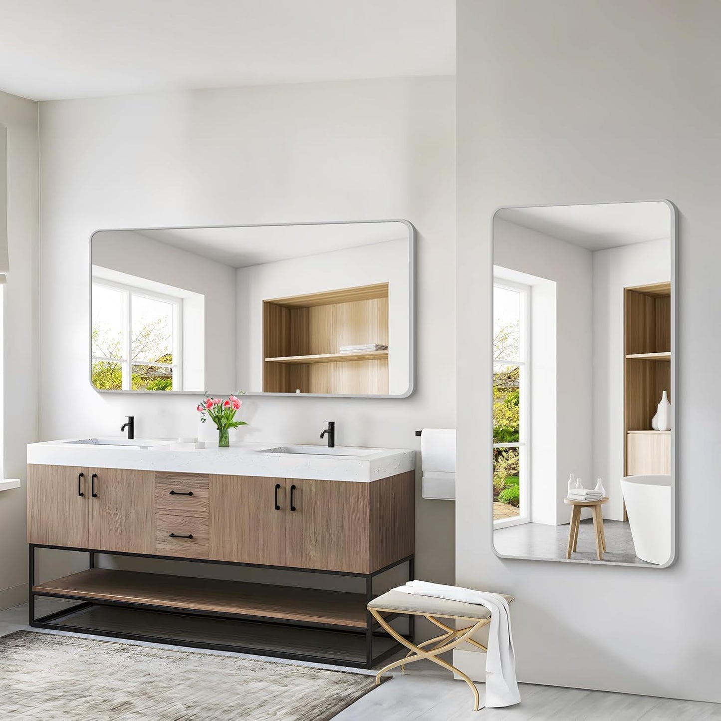 55x30 Inch Silver Bathroom Mirror, Large Rectangular Vanity Mirror, Metal Framed Rectangle Mirrors, Rounded Corner Wall Mounted Mirrors for Living Room Bedroom Entryway Horizontal or Vertical