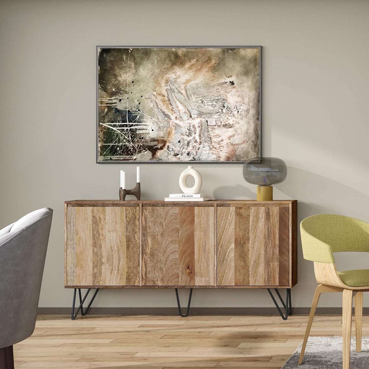 SIMPLIHOME Hunter Buffet - 60 inch Wide Solid Mango Wood 3-Door Sideboard Buffet in Natural, Contemporary Storage Cabinet for Dining Room or Kitchen with Adjustable Shelves and Metal Legs