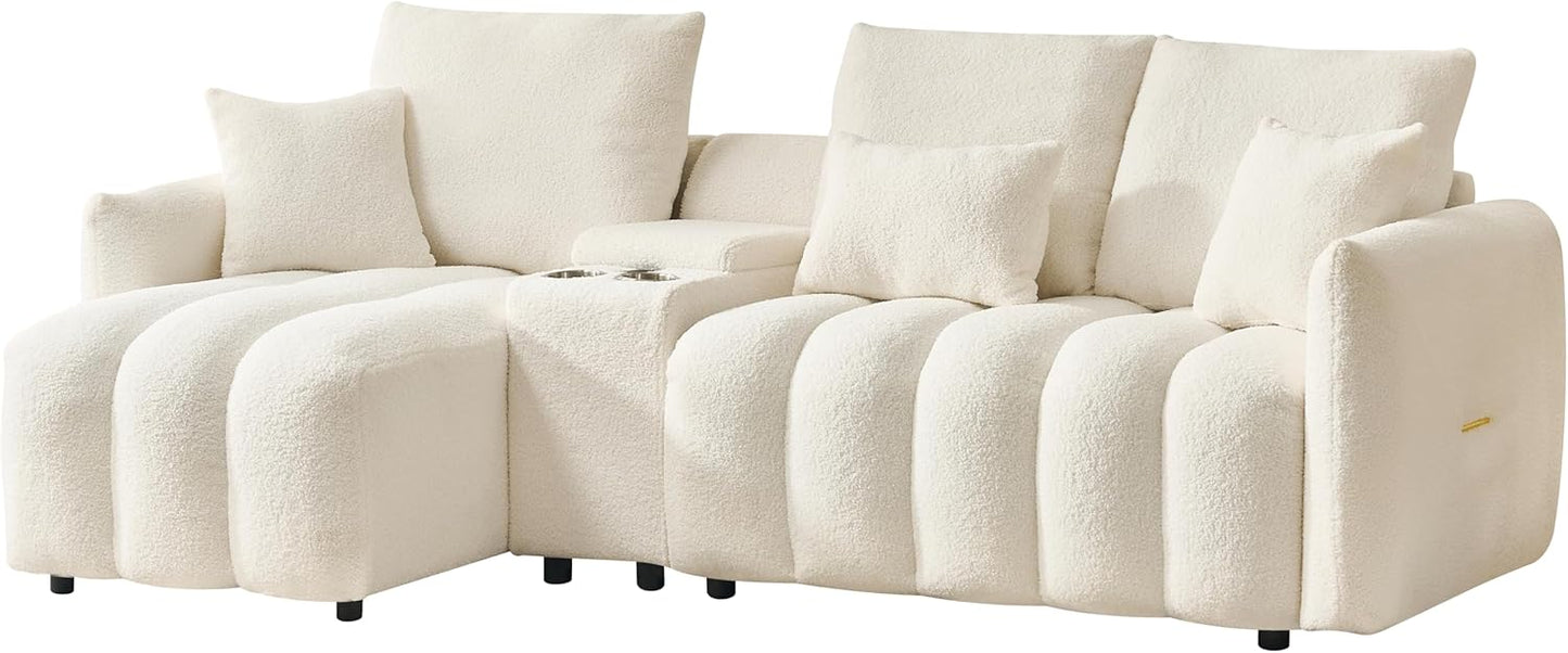 92-Inch Teddy Boucle Tufted Sofa Couch with Storage Console and Chaise Lounge, L-Shaped Left Facing Corner Sectional Sofa Couch with Cupholders, USB Ports and Golden Accent for Living Room Office
