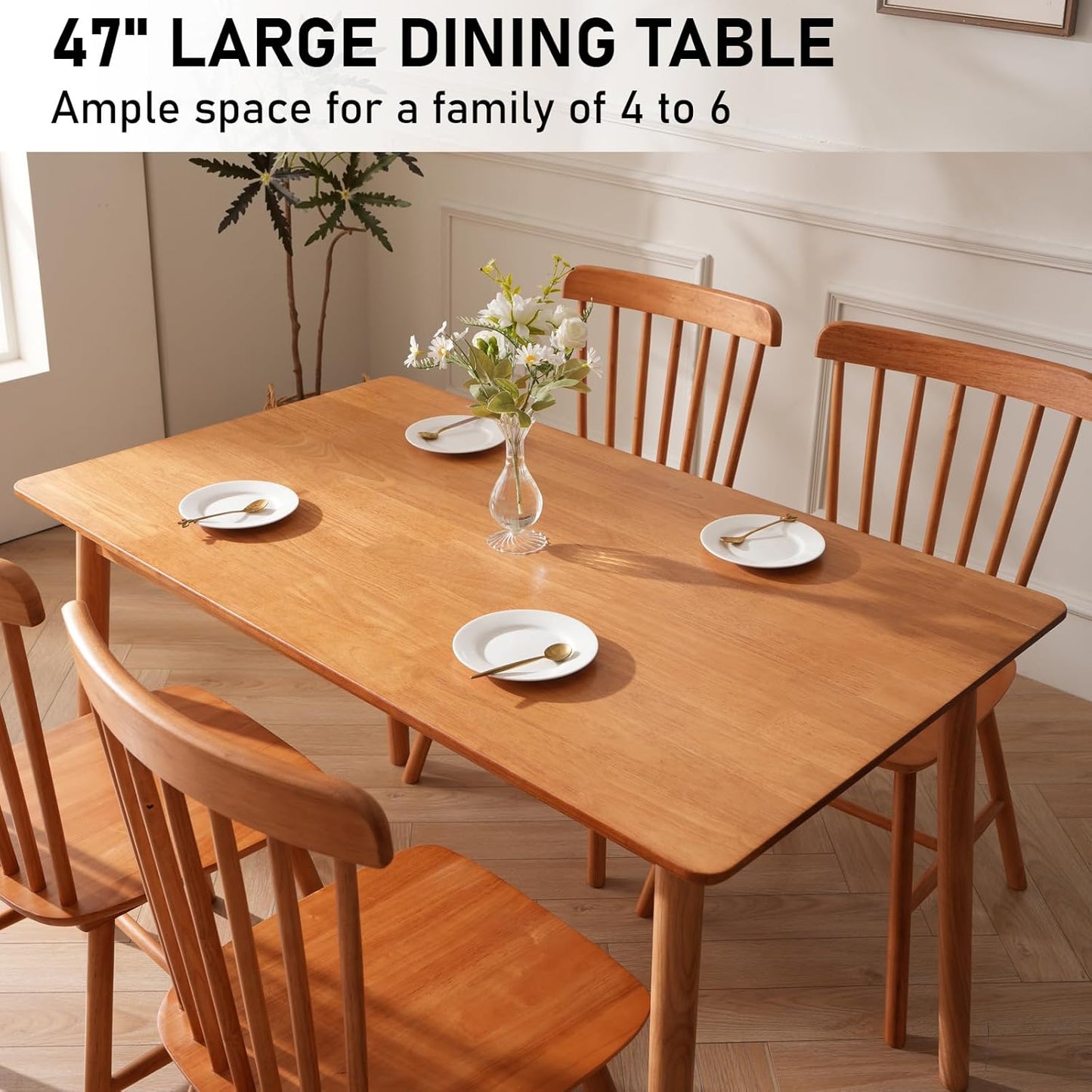 BAKEVE Dining Table for 4-6 Person- 47.2'' Solid Wood Kitchen Table, Mid Century Modern Desk, Farmhouse Rectangular Dining Room Table for Living Room, Office, Kitchen and Study (Cherry)