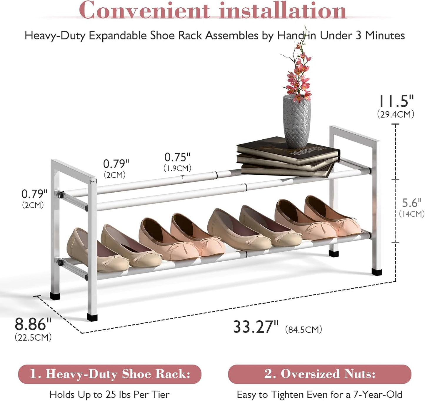 Bumusty 2-Tier Expandable Shoe Rack for Closet, 18“-33” Adjustable Shoe Rack for Small Space, Small Shoe Organizer for Front Door, Sturdy Metal, White