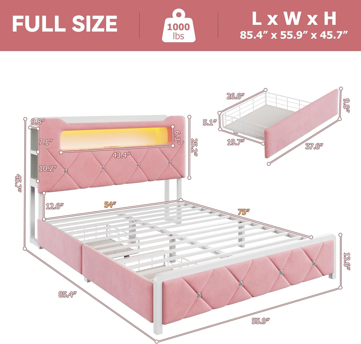 Full Upholstered LED Bed Frame with 2 Storage Drawers and 2-Tier Storage Headboard, Velvet Princess Platform Bed with Charging Station & Bookcase, Corner Bed Frame, Heavy Duty Metal Support, Pink