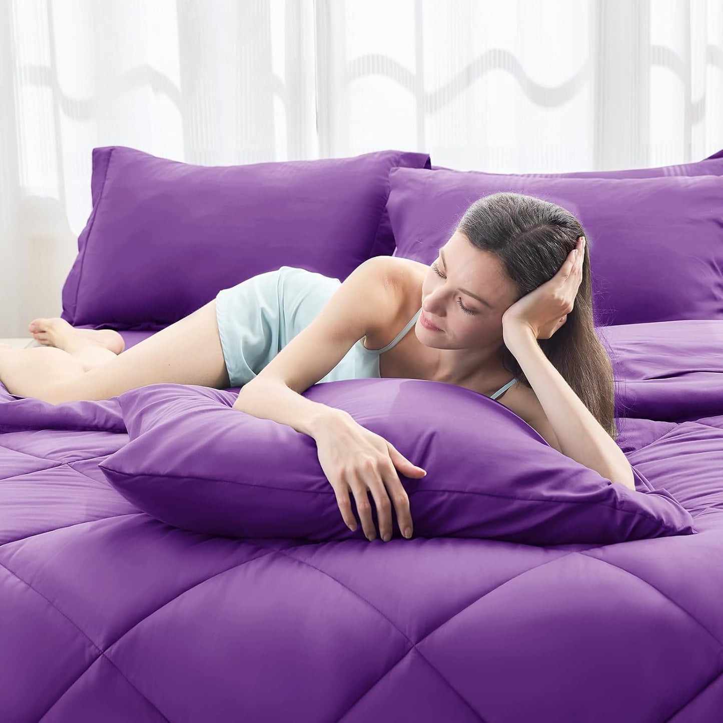 HEVUMYI Purple Twin Comforter Set - 5-Piece All Season Bed in a Bag Twin, Ultra Soft Bedding Set with Comforter, Flat Sheet, Fitted Sheet, Pillowcases, Pillow Shams