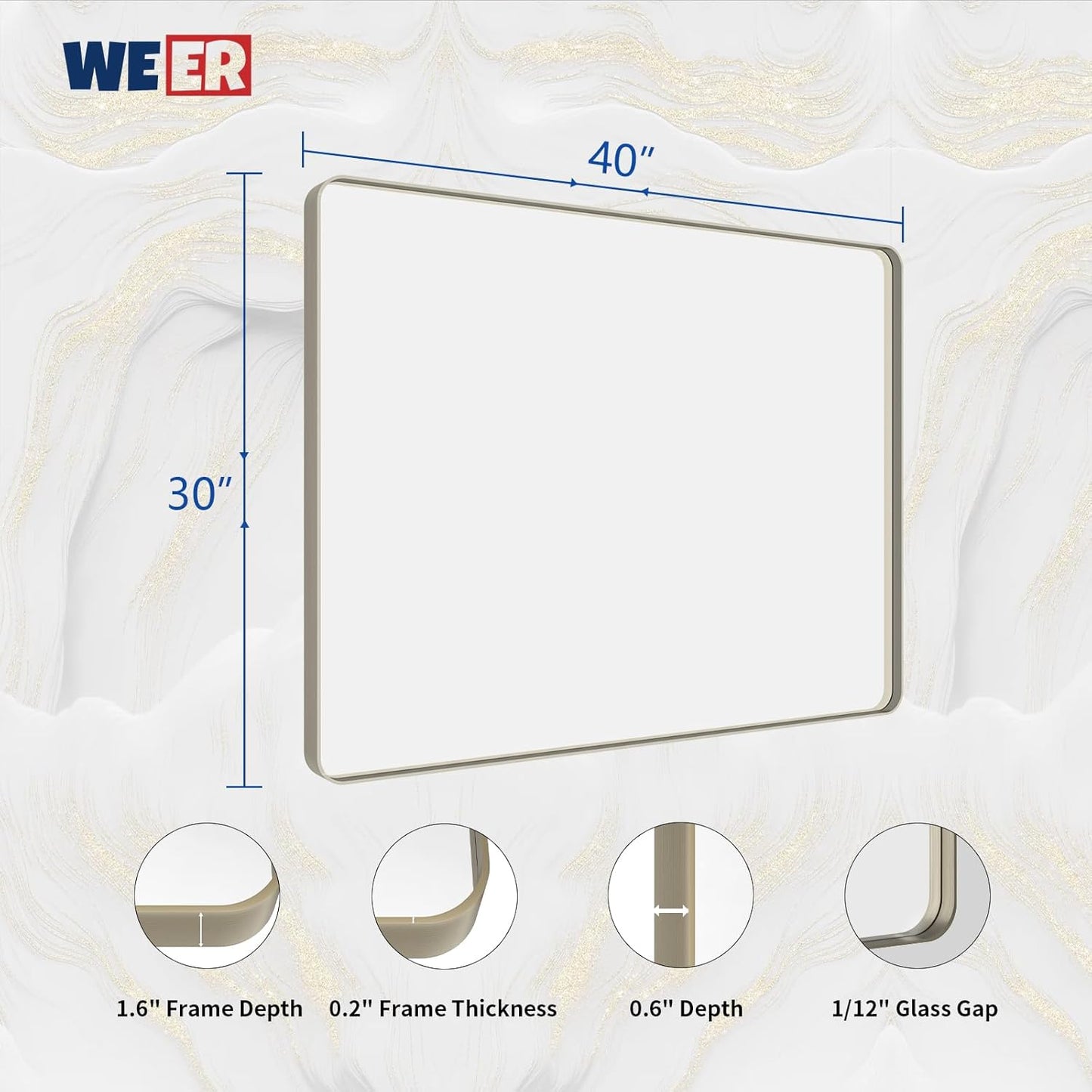 WEER 40X30 Inch Brushed Nickel Bathroom Mirror, Brushed Silver Metal Frame Mirror, Rounded Rectangle Silver Bathroom Vanity Mirror, Tempered Glass, Anti-Rust, Hangs Horizontally or Vertically