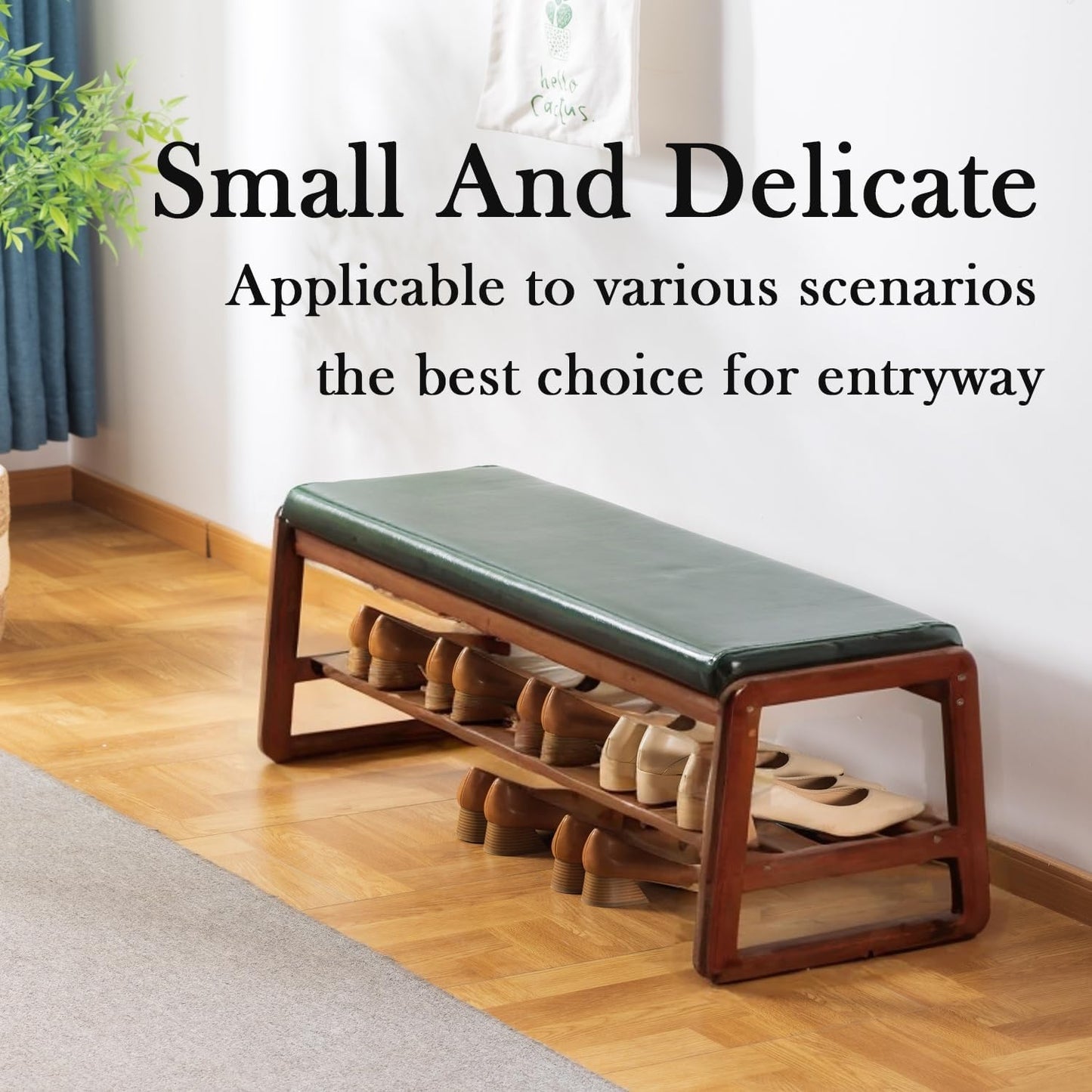 latifolia Solid Wood Bench, Entryway Shoe Bench with Cushion, 2 Tier Shoe Storage Organizer for Hallway, Living Room(Green,39.70''L)