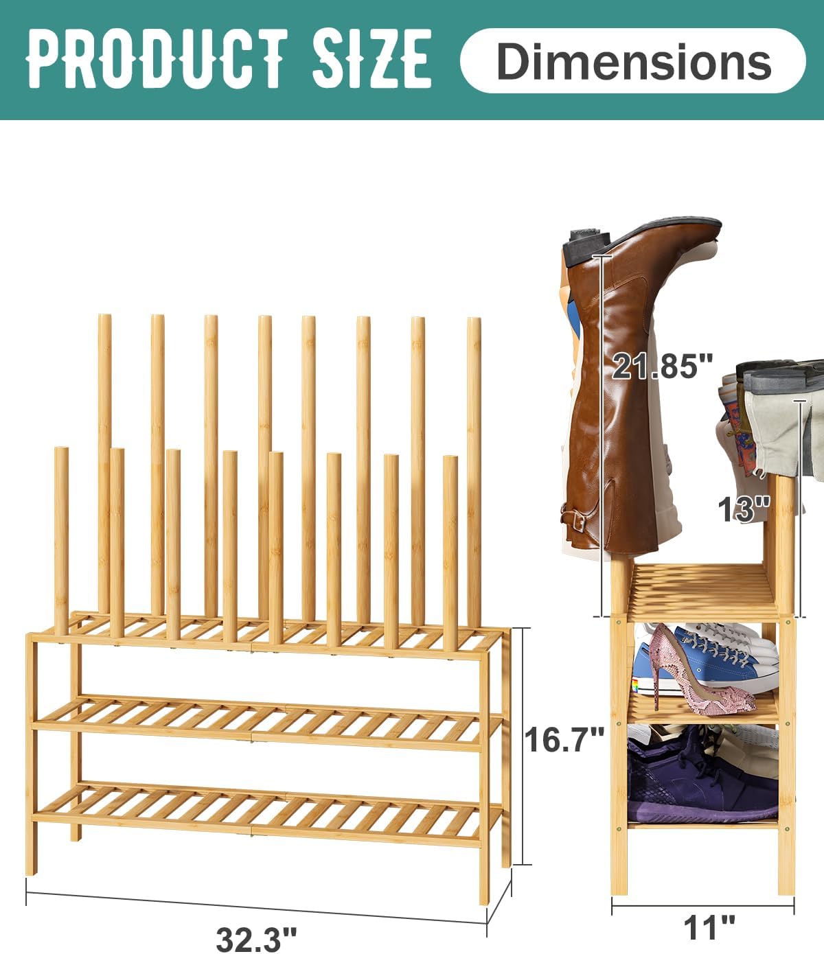 Boot Rack with Shoe Rack, Long Boot Rack Organizer Tall Boots for Closet, Bamboo Wood Shoe Shelf Storage Organizer for Entryway Small Space