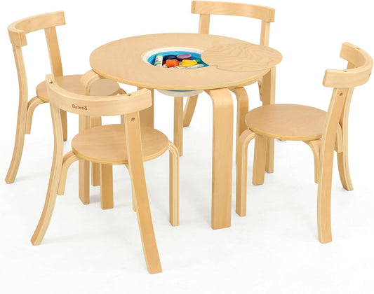 Kid Round Table and 4 Chairs Set with Storage Tub, Wooden Toddler Table Chair for Arts, Crafts, Eating, Learning, Kid Play and Activity Table for Home, Daycare or Playroom