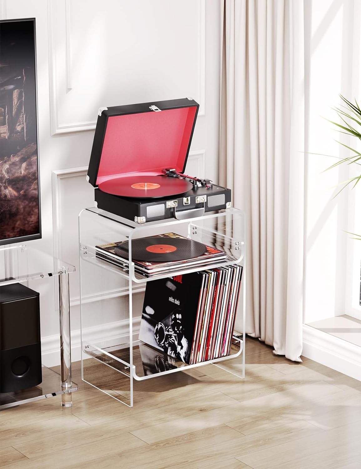 Acrylic Record Player Table with Storage Shelf, Clear Side Table Nightstand (Clear)