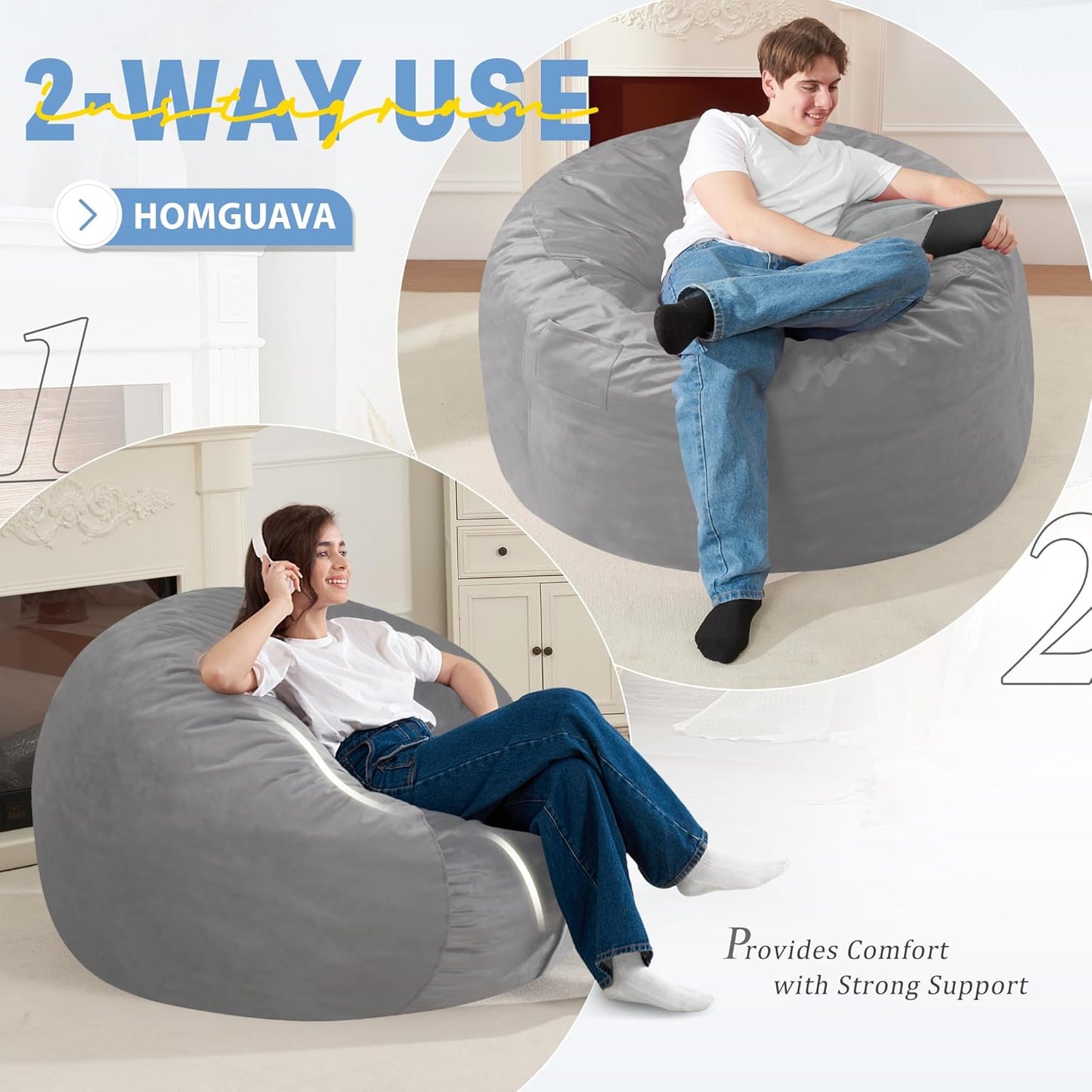 Homguava 3FT Bean Bag Chair: 3' Bean Bags with Memory Foam Filled, Large Beanbag Chairs Soft Sofa with Dutch Velet Cover-Light Grey