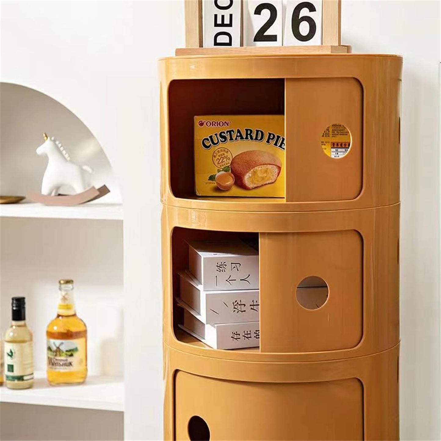 3 Tier Round Nightstand with Drawer, Ginger Yellow Round Side Table Small Plastic Storage End Table Suitable for Bedroom, Living Room, Bathroom (Ginger Yellow)