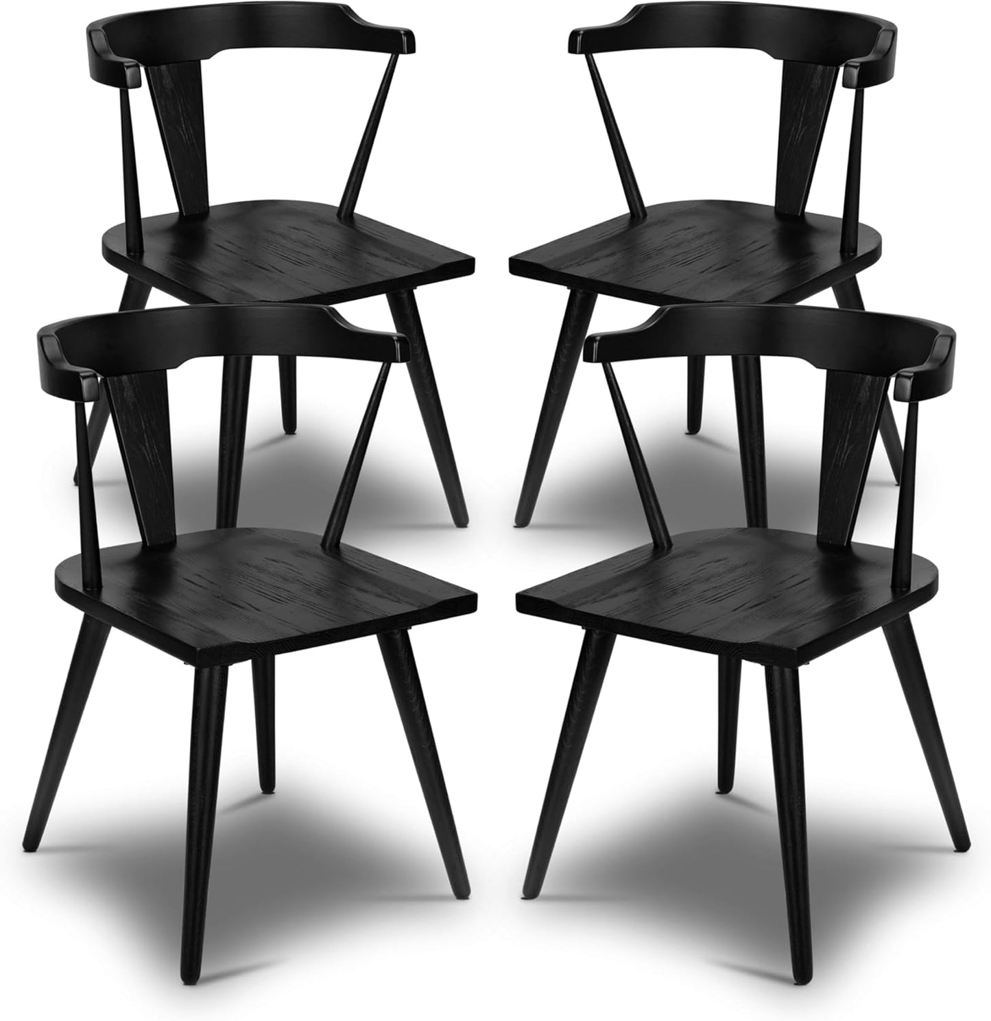 POLY & BARK Mid Century Modern Enzo Black Dining Chair – Solid Oak Wood Splat Back Chair, 18" Seat Height, 32" Tall – Stylish MCM Kitchen & Dining Room Chair - Set of 4