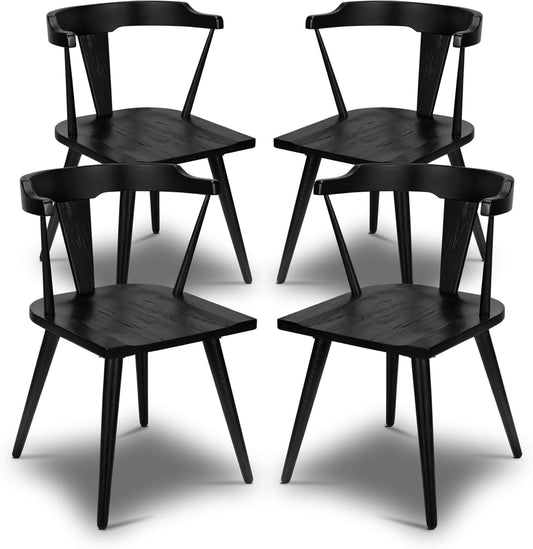 POLY & BARK Mid Century Modern Enzo Black Dining Chair – Solid Oak Wood Splat Back Chair, 18" Seat Height, 32" Tall – Stylish MCM Kitchen & Dining Room Chair - Set of 4
