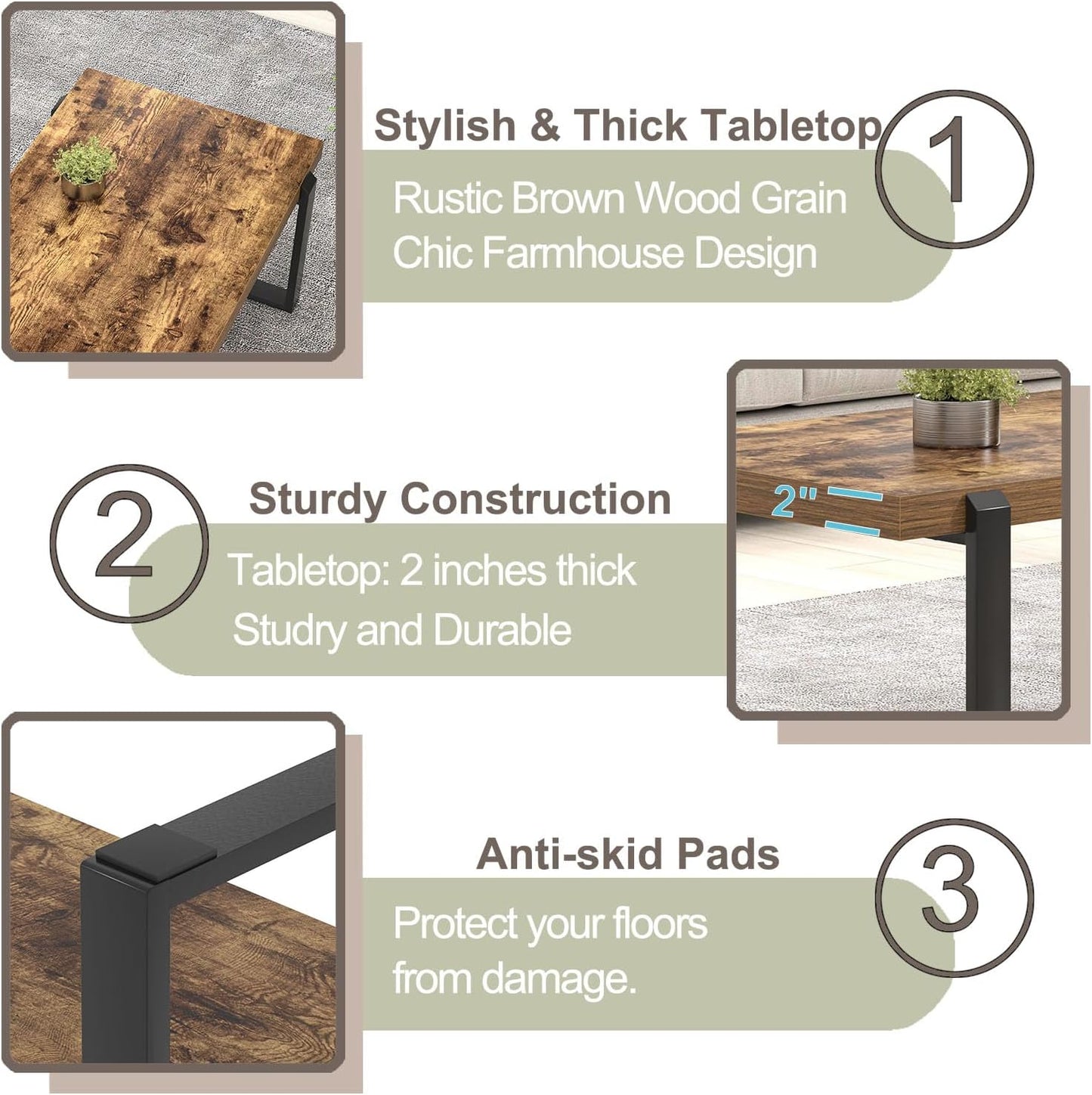 FOLUBAN Coffee Table, Modern Rustic Wood and Metal Center Table, Industrial Rectangle Cocktail Tea Table for Living Room, Brown, 47 Inch