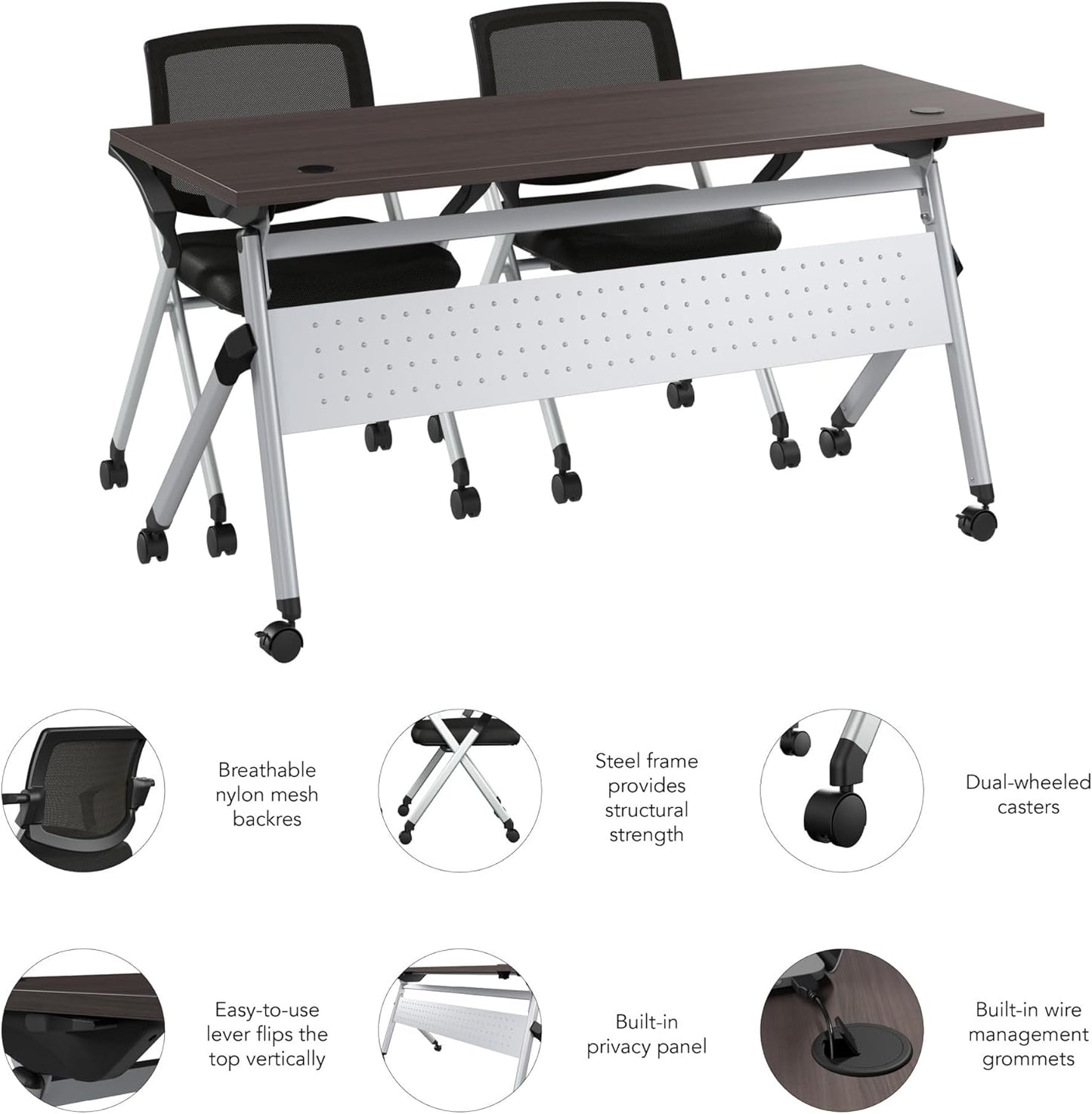 Bush Business Furniture Folding Training Table Set for 2, 60 inch, 2 Mesh Back Folding Chairs with Arms, Commercial-Grade Bundle for Office or Classroom, Envision Collection, Gray