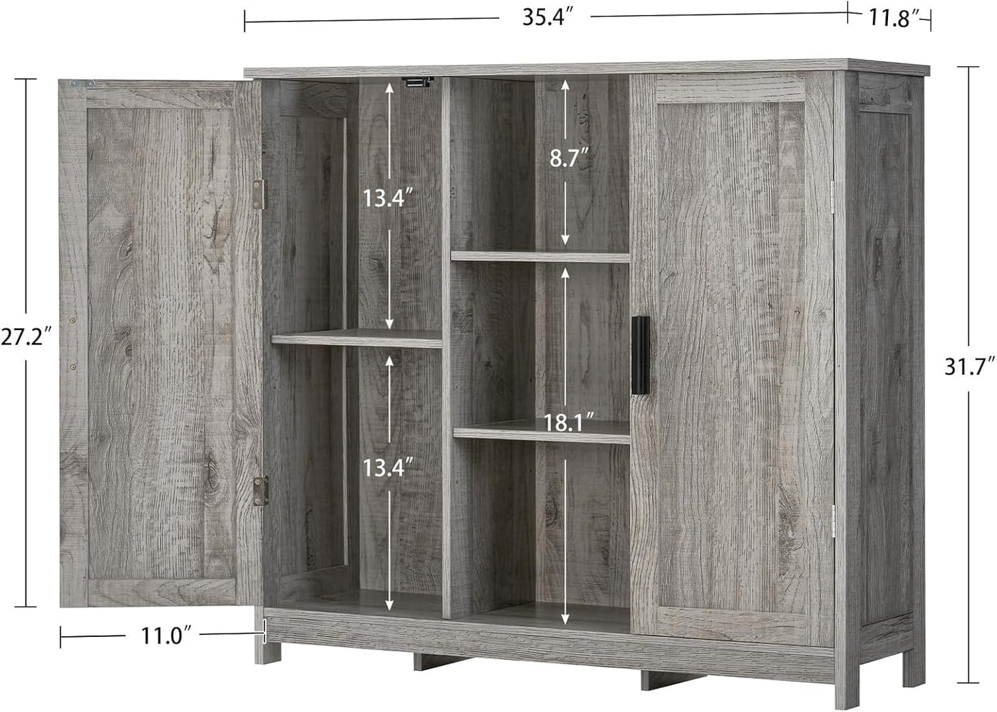 Iwell Storage Cabinet with 2 Doors and 4 Adjustable Shelves, Buffet Cabinet with Storage, Floor Cabinet for Living Room, Entryway, Kitchen, Rustic Gray