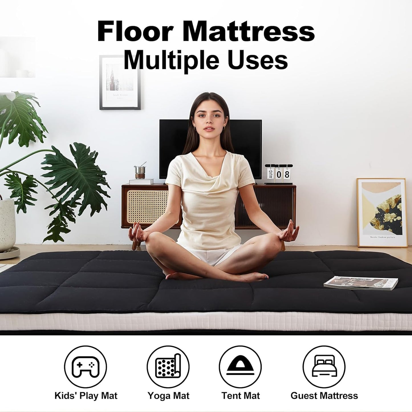 Tiita Floor Mattress Memory Foam Mattress Topper, 4" Thicken Futon Mattress with Storage Bag and 2 Straps, Portable Roll Up Travel Car Camping Mattress Sleeping Pad Full Size, Black