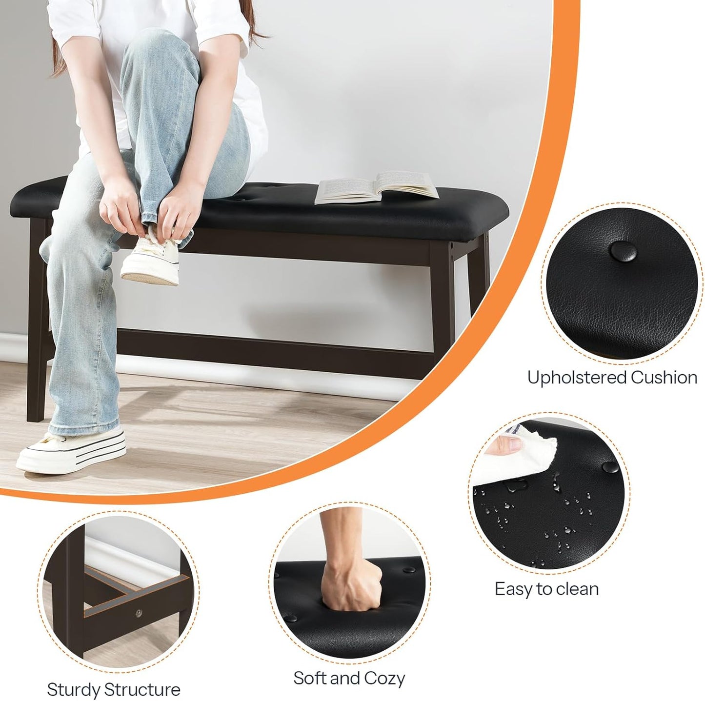 HOOBRO Dining Bench, Bamboo Dining Room Bench with PU Leather Upholstered Seat, for Kitchen, Living Room, Hallway, Kitchen, Entryway, Brown and Black CB13CD01