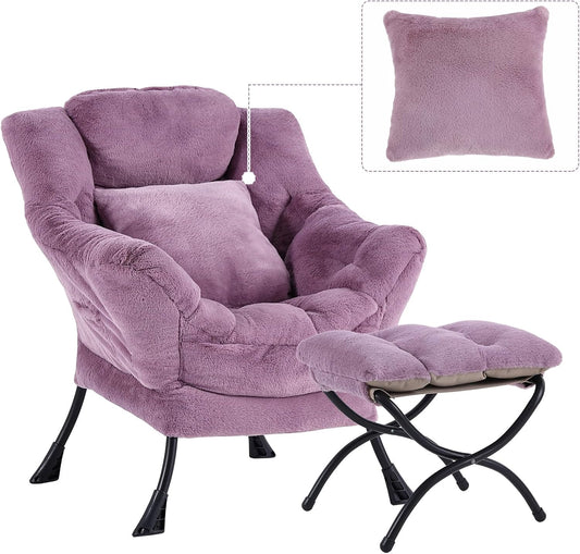Lazy Chair with Ottoman, Comfy Reading Lounge Chair with Footstool & Throw Pillow Modern with Armrests & Side Pocket for Living Room, Bedroom, Dorm Room, Plush Purple