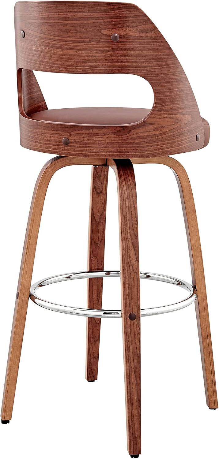 Armen Living Julius Mid Century Modern Swivel Bar Stool for Kitchen Island Counter in Brown Faux Leather and Walnut Wood, 26" Seat Height