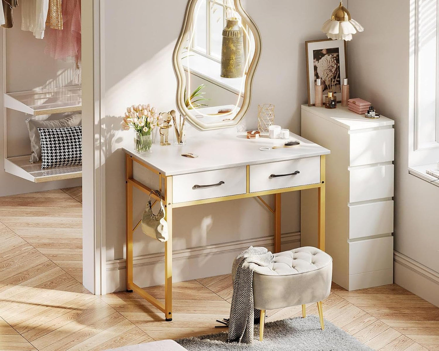 Casaottima 32 Inch Small Dressing Vanity Desk with 2 Drawers & Headphone Hook, Makeup Vanity Desk for Bedroom Without Mirror,Modern Space-Saving Design for Small Spaces White-Gold