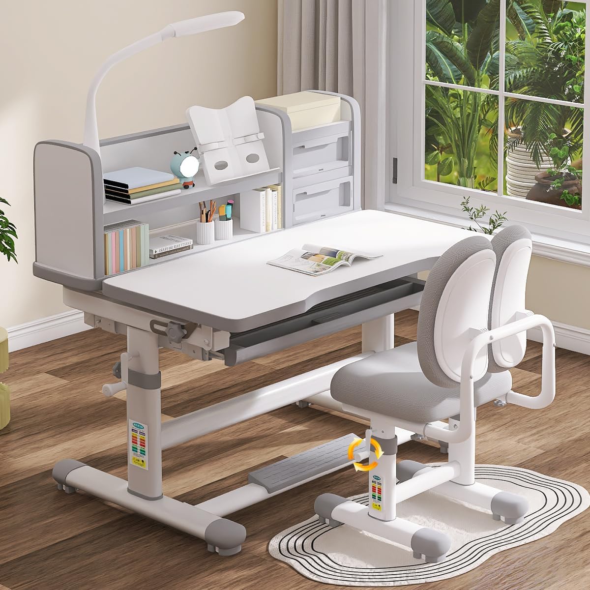 Kids Desk and Chair Set Kids Study Desk Chair Set Height Adjustable Ergonomic Children School Study Desk with Tilt Desktop, 3 Modes Light, Storage, Boy and Girl Table and Chair Set 3-18 Years