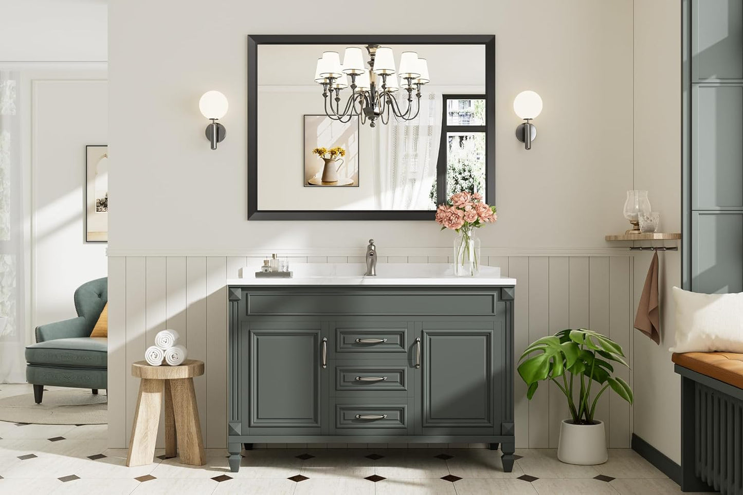 48x36 Inch Black Bathroom Mirror for Wall, Thick Metal Framed Rectangle Mirrors for Over Sink, Bedroom, Living Room, Entryway, Anti-Rust, HD Tempered Glass