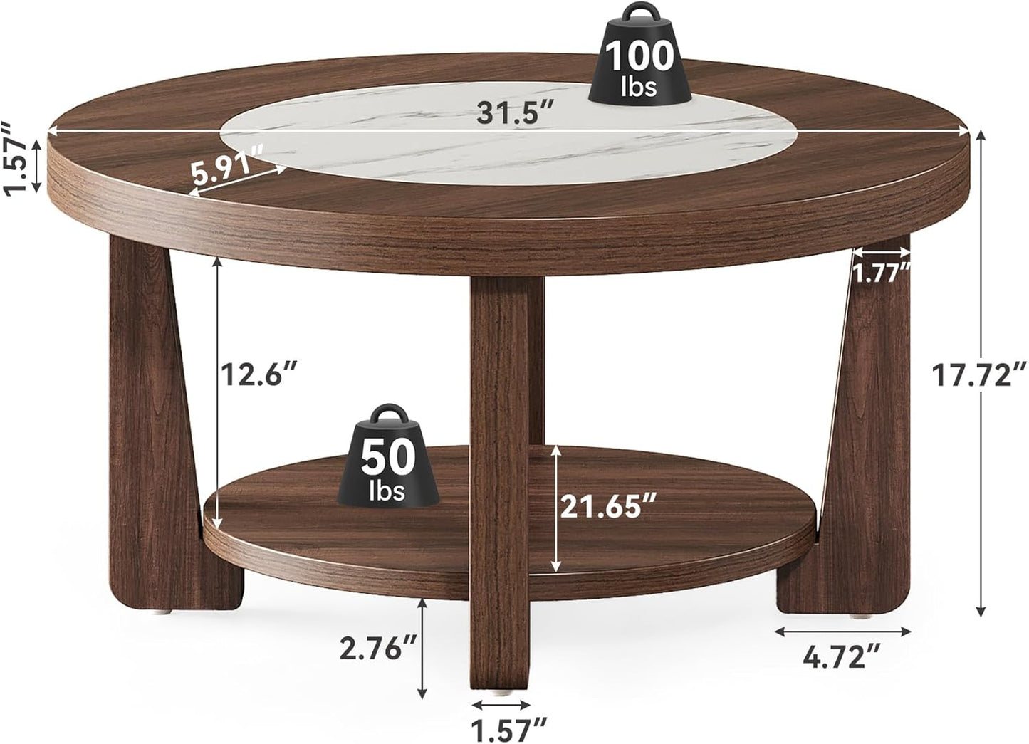 LITTLE TREE Modern Round Coffee Table, 2-Tier Wood Coffee Table with Storage, Marble-Like Tabletop for Living Room, Simple & Modern Center Table for Small Space, Brown