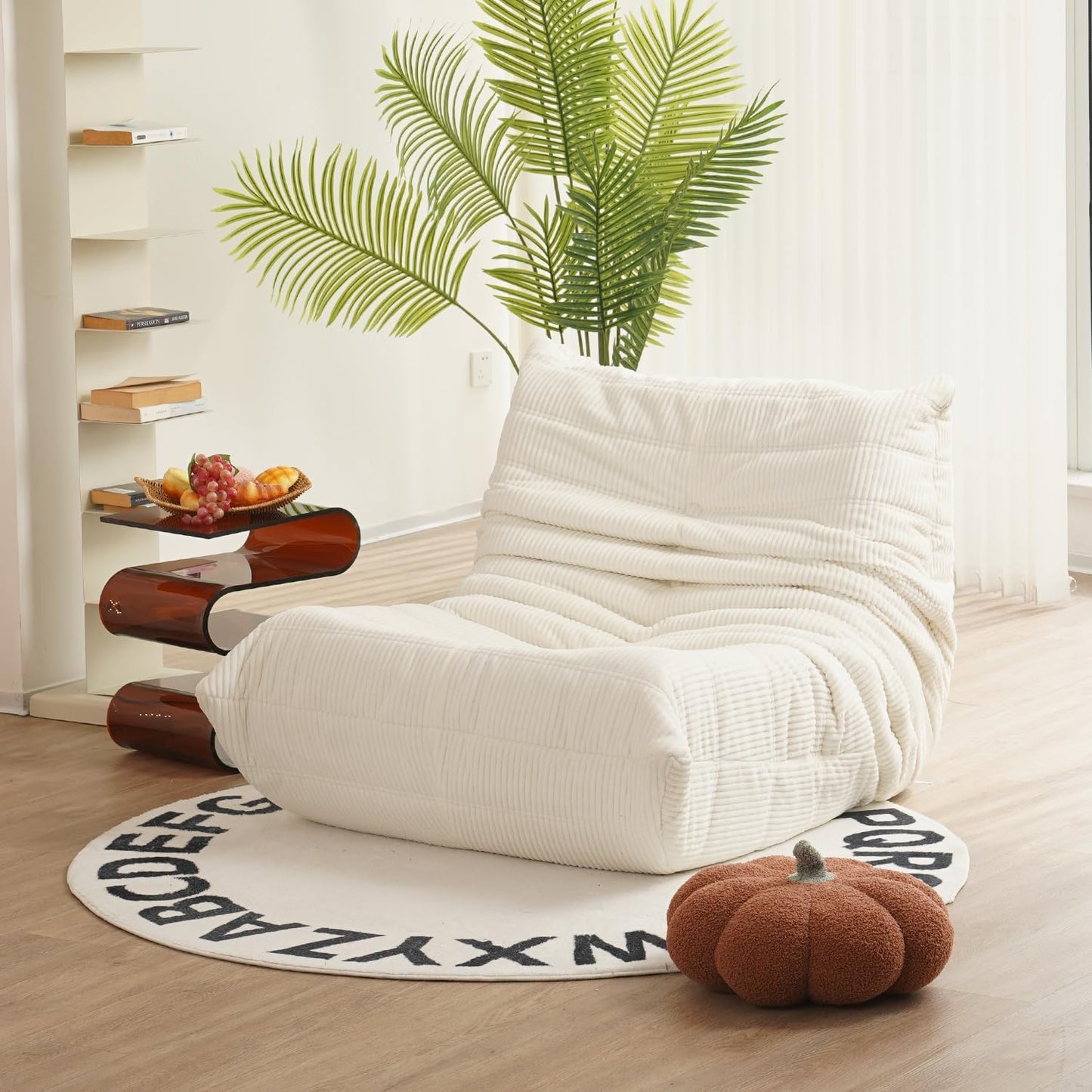 N&V Mid Century Armless Floor Sofa, Soft Premium Corduroy Lounge Chair, Foam Accent Chair for Living Room, Bedroom & Office, Ivory