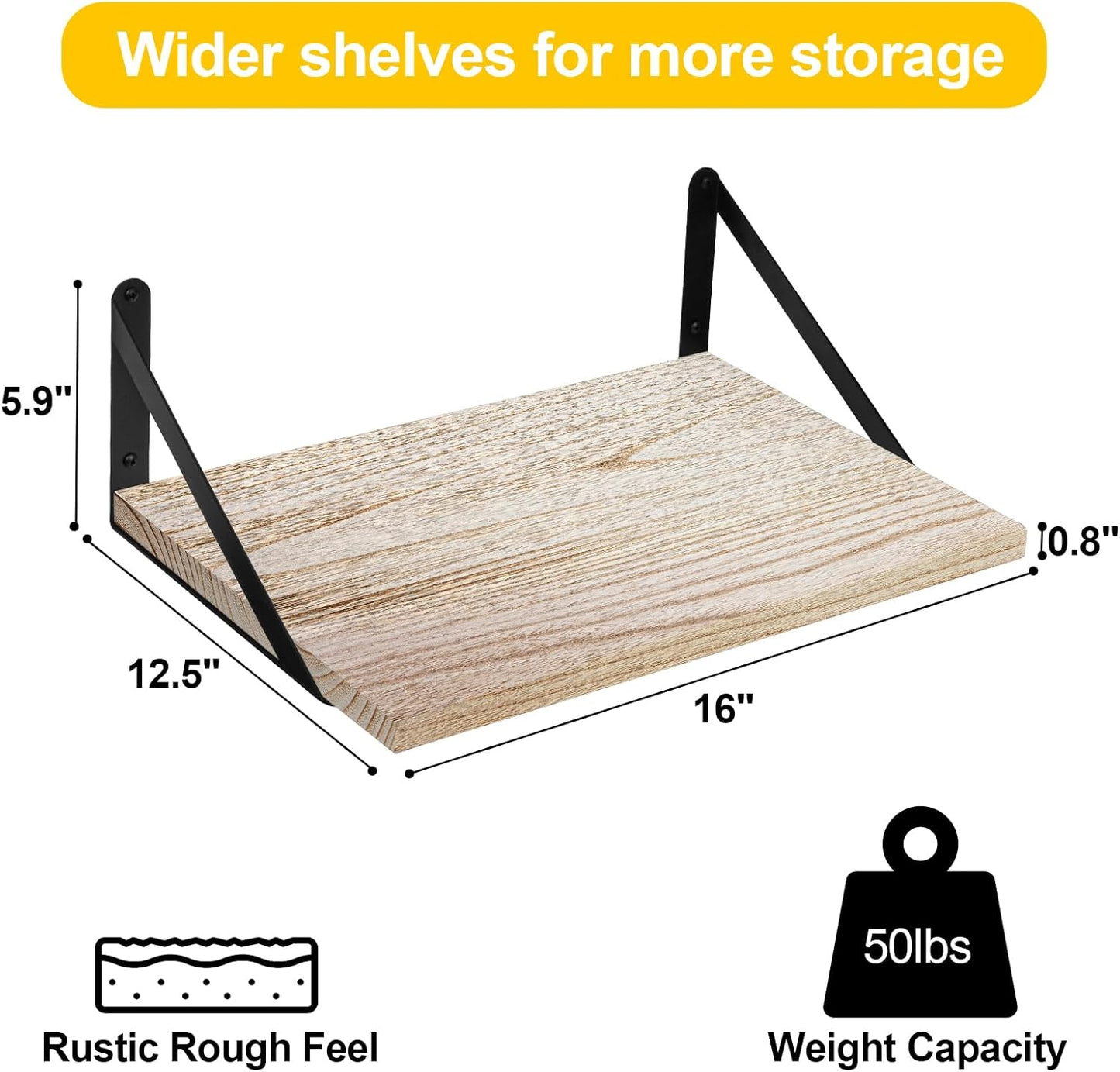 SAUMONIERES Floating Shelves Wall Bookshelf for Bedroom Bathroom Living Room Wood Wall Mounted Wide Deep Storage, Rustic Torched Wall Shelves Set of 2