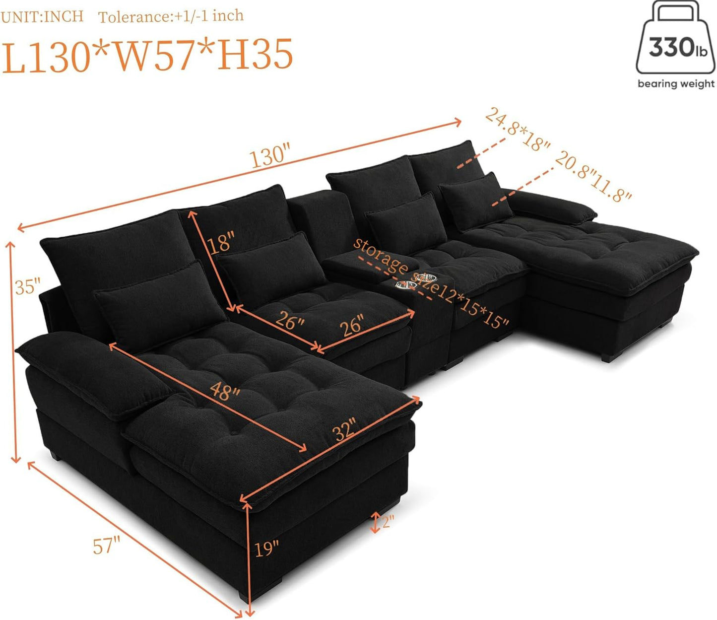 KEIKI 130" U-Shaped 6 seat Sofa with Storage Console, Cup Holders, Upholstered Sectional Sofa, Button Tufted Cloud Cushion Couch for Home, Office, Apartment, Black