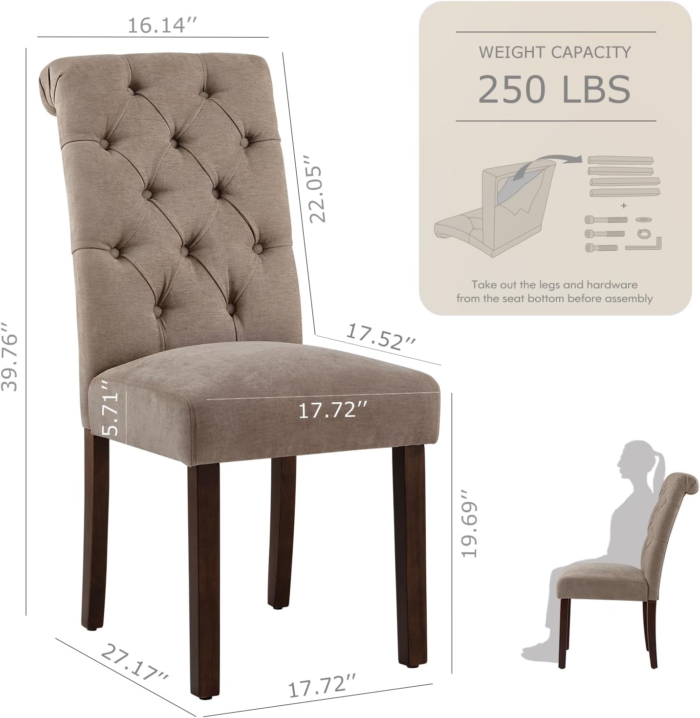 COLAMY Button Tufted Dining Chairs Set of 4, Parsons Upholstered Fabric Dining Room Chairs Kitchen Chairs with Wood Legs and Padded Seat, Taupe