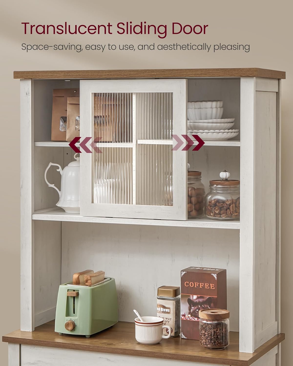 VASAGLE 71" Kitchen Pantry Cabinet with Lights and Charging Station, Coffee Bar Cabinet with Doors and Drawer, Farmhouse Style, Adjustable Shelves, Rustic White UBBK363W12