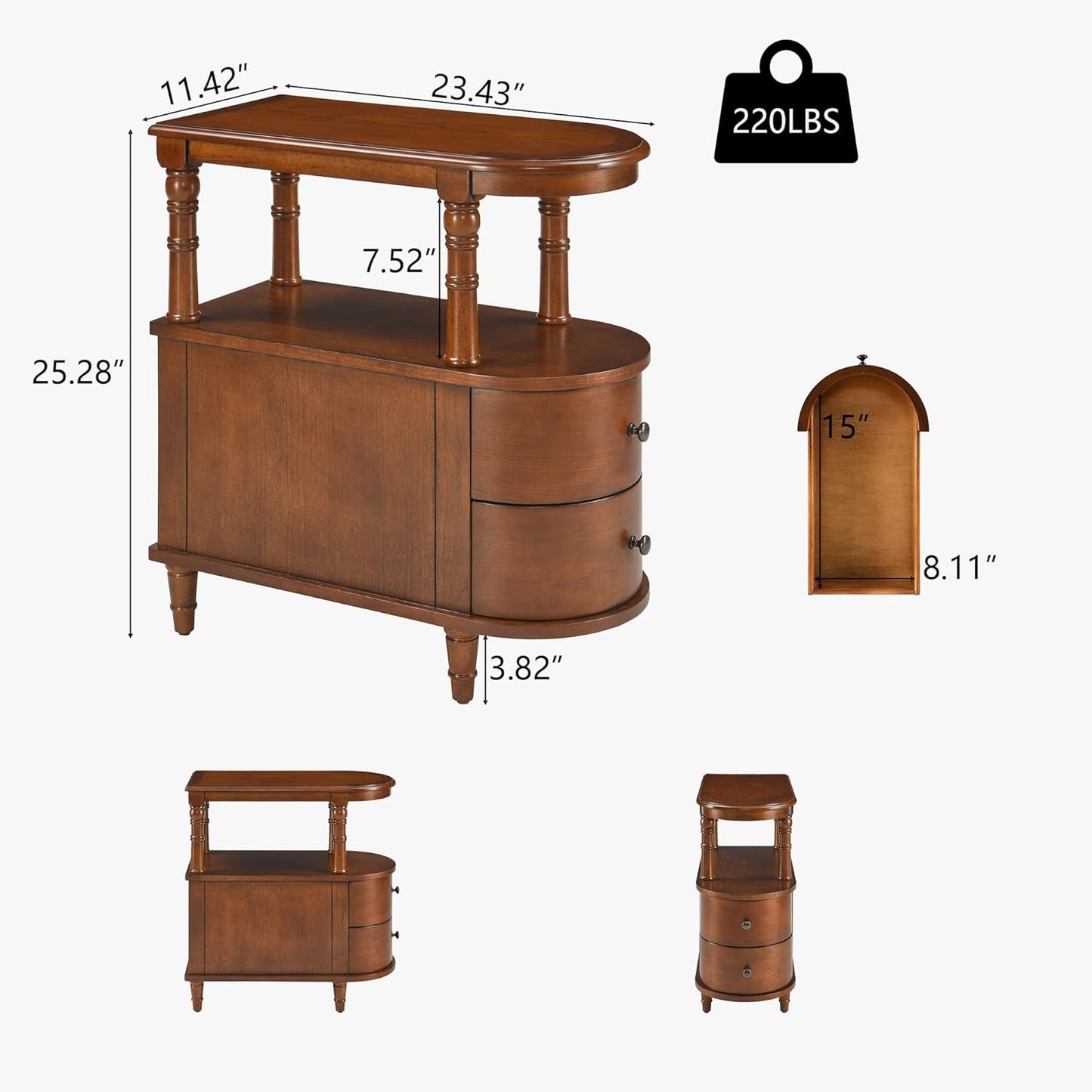 2 Set of Wood End Table with 2 Drawers and Storage Shelf, Narrow Sofa Side Table for Living Room, Vintage Slim Nightstand Bedside Table for Bedroom, Slim Chair Side Table Cherry Brown A508MG