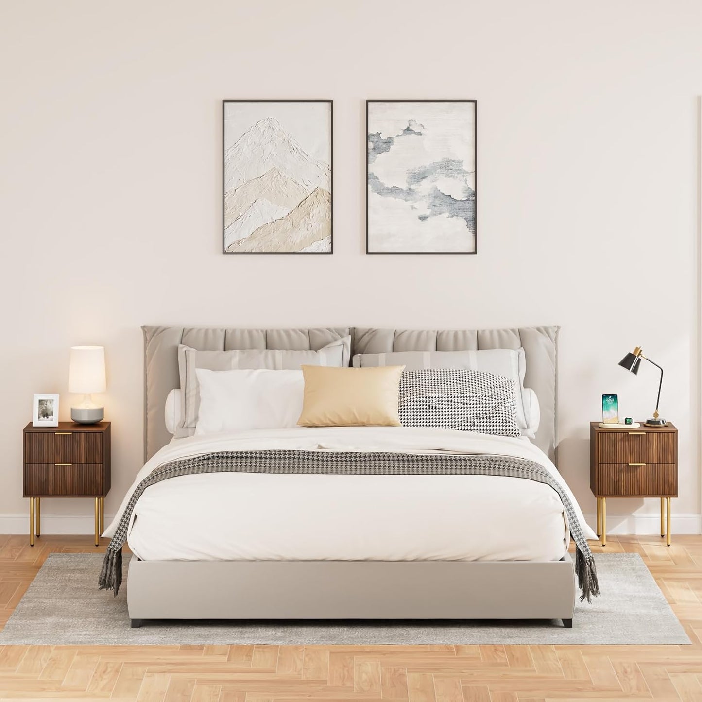 Nightstand,Morden Bedside Table with Gold Frame,Small White Night Stand,End Table,Bedside Furniture,Side Table with Drawer and Shelf for Bedroom,Living Room (2Drawers, Walnut Brown)