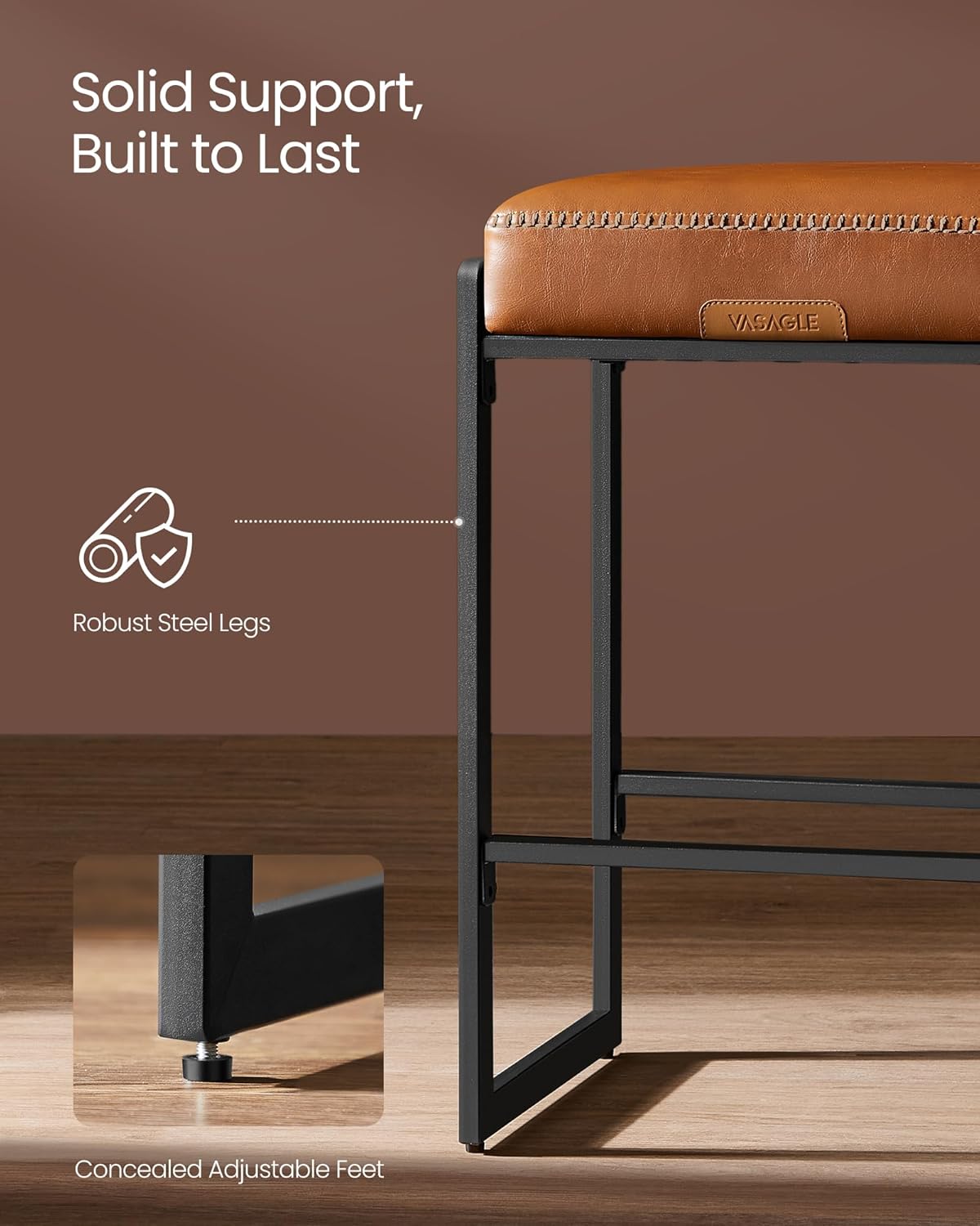 VASAGLE EKHO Collection - Bar Stool, Counter Height Bar Stool, Synthetic Leather with Stitching, Mid-Century Modern Counter Barstool, 26-Inch Tall, Kichen Home Bar Dining Room, Caramel Brown