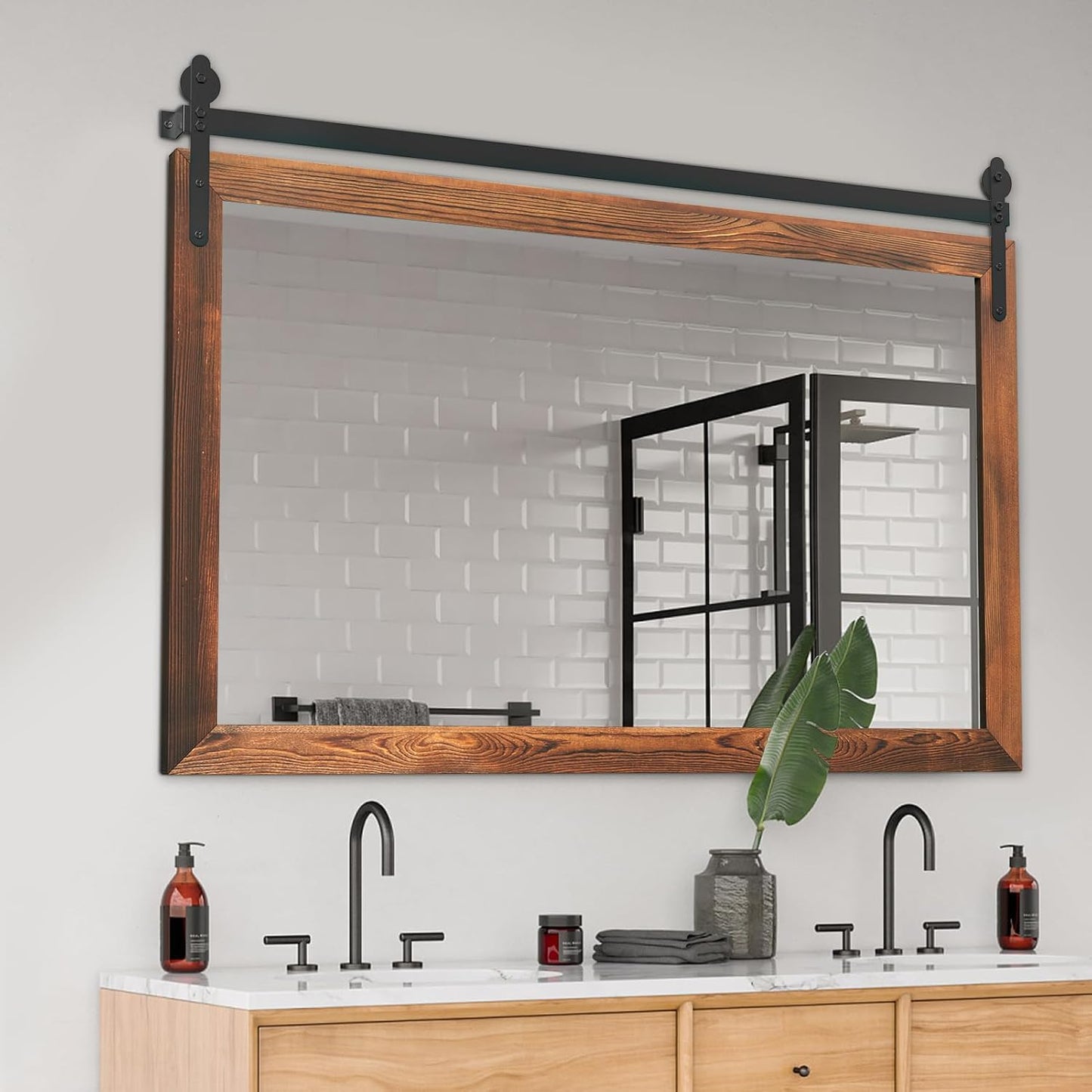 YOSHOOT Farmhouse Barn Door Wall Mirror, 40"x26" Rustic Wood Framed - Vintage Style for Bathroom, Living Room or Entryway, Brown, Horizontal Hanging ONLY