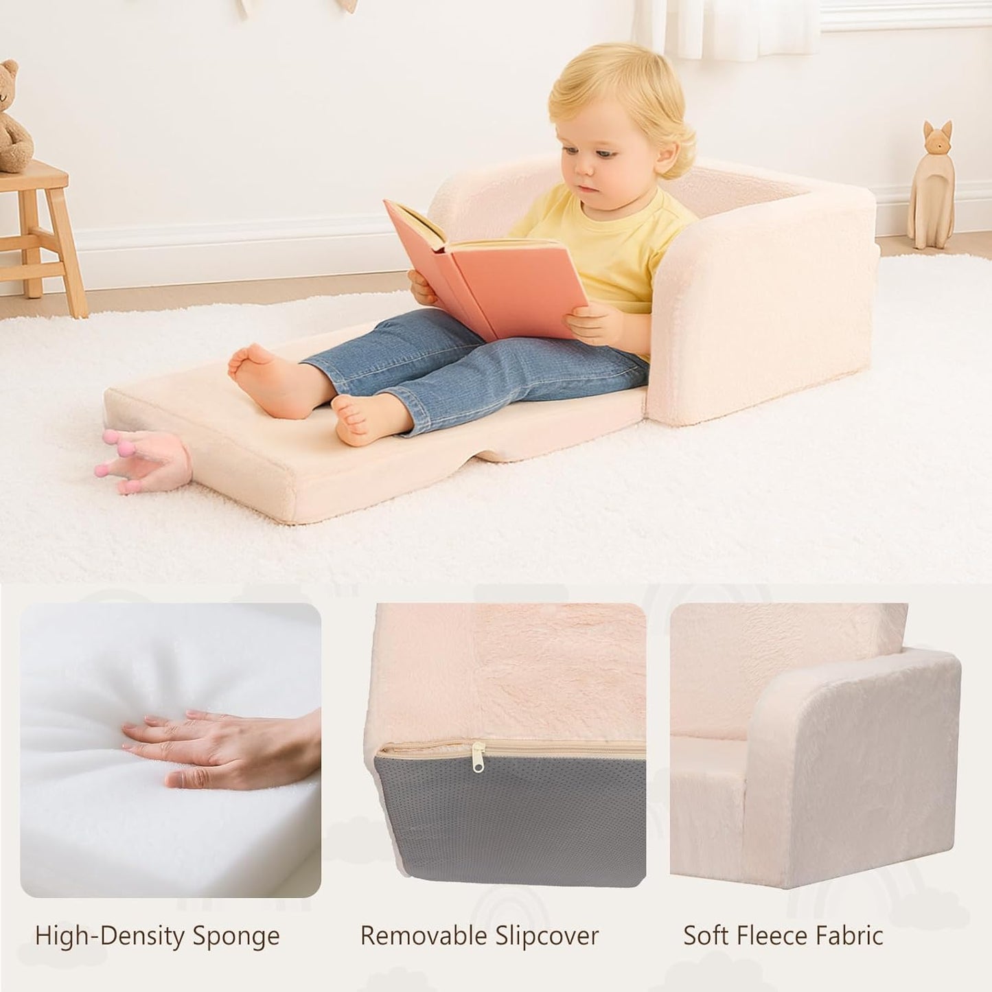 MONKISS Toddler Couch, 2-in-1 Kids Sofa Fold Out, Convertible Sofa to Lounger for Girls and Boys, Toddler Chairs Comfy 1-3 Years Old, SF04, Beige Crown