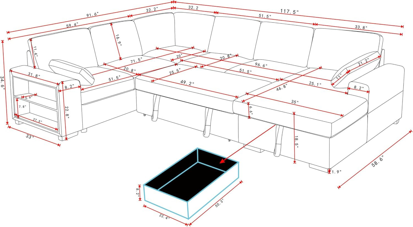 Eafurn Oversized Convertible U Shaped Sleeper Sectional Sofa Pull Out Couch Bed, 6 Seater Corduroy Upholstered Pullout Lounge Sofa Couch Sofabed w/Storage Chaise, Shelves for Living Room Apartment