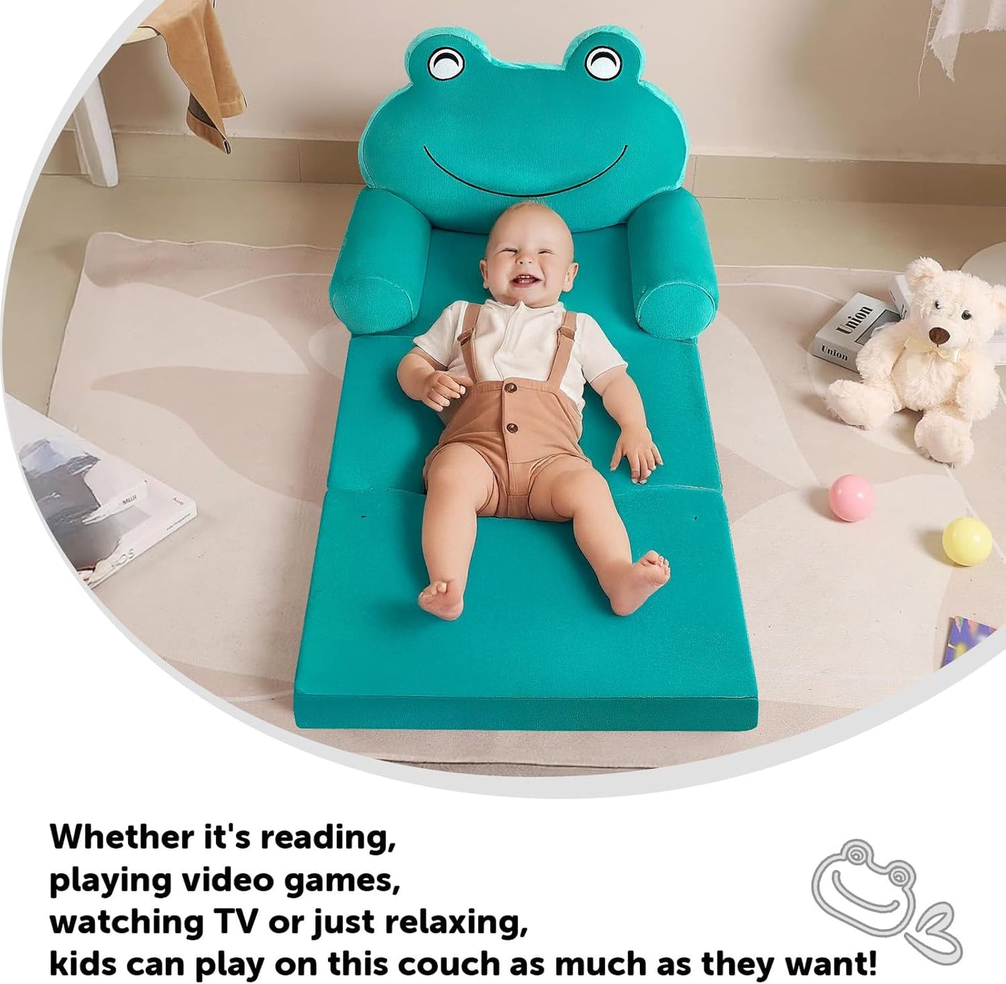Kids Sofa Comfy, Adorable Animal Toddler Chair, Foldable Kids Couch with Removable Washable Cover, Soft & Breathable Fabric, No Assembly Needed, Foldable Baby Sofa(Green Frog)