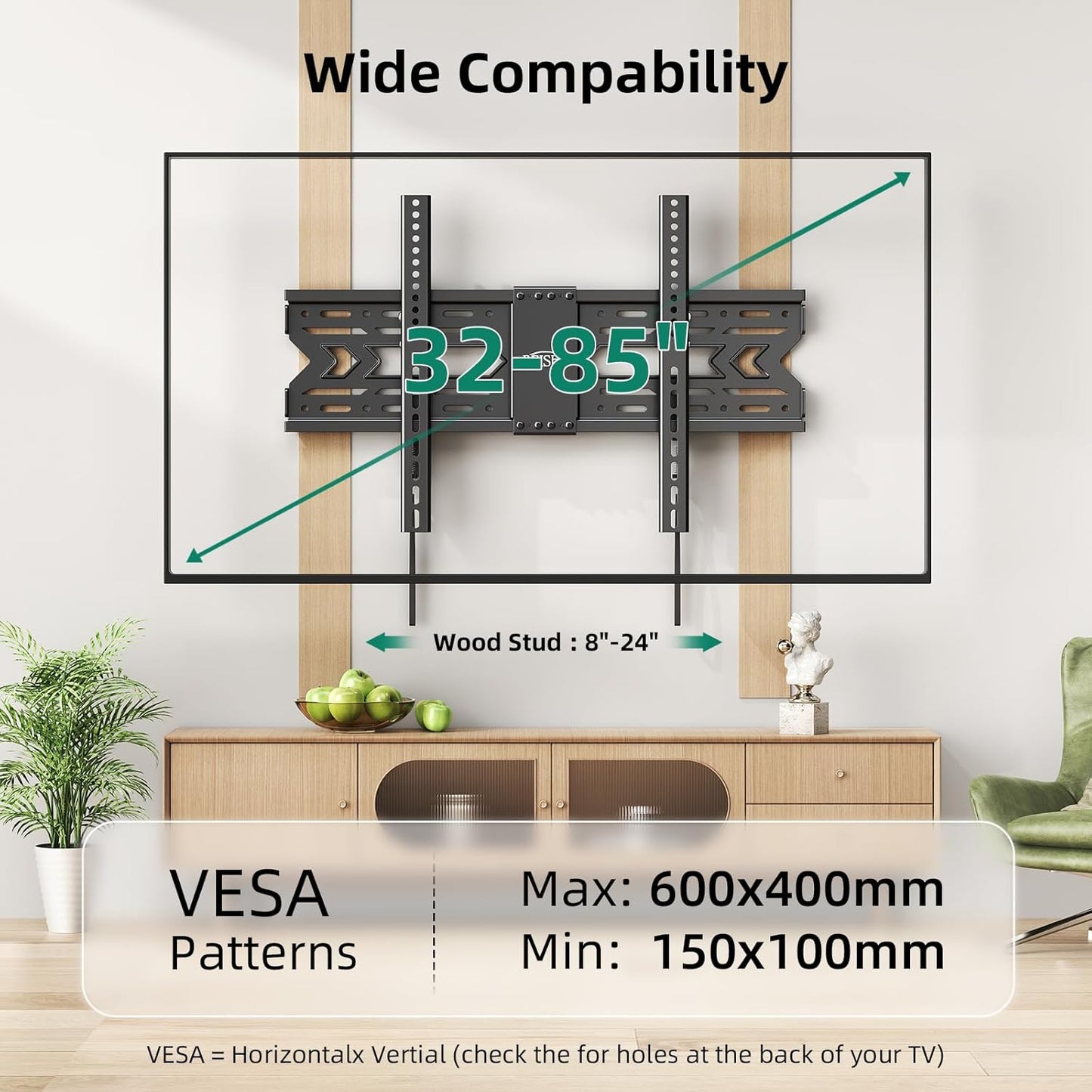 TV Wall Mount with Tilt for 32-85 Inch TVs, Low Profile Design, Holds up to 132 lbs, Space-Saving Design for 16/18/24 Inch Wood Studs, Max VESA 600x400mm (Fit 32-85" TVs 1.2" from The Wall)