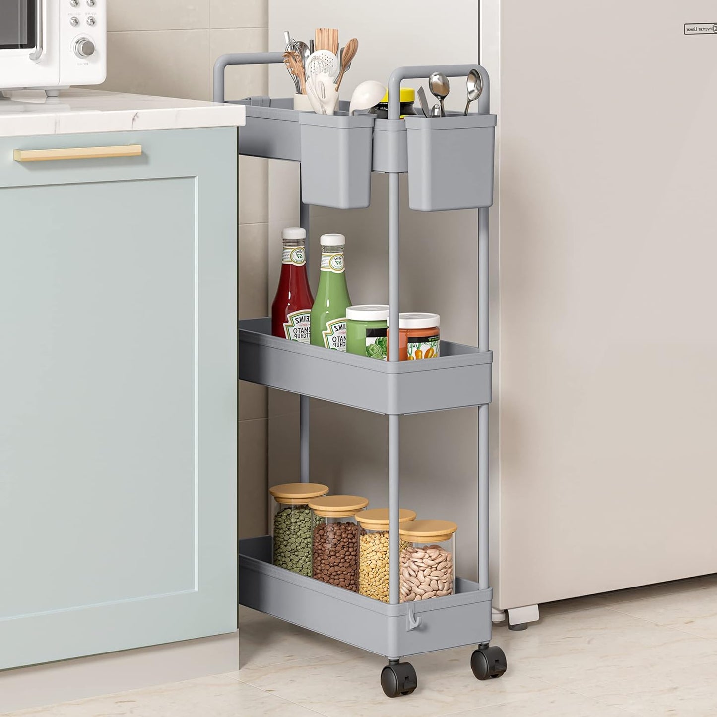 SOLEJAZZ Slim Rolling Storage Cart with Wheels 3 Tier Skinny Bathroom Storage Organizer Thin Laundry Room Utility Cart Space-Saving for Bedside Kitchen Office Small Narrow Places, Gray