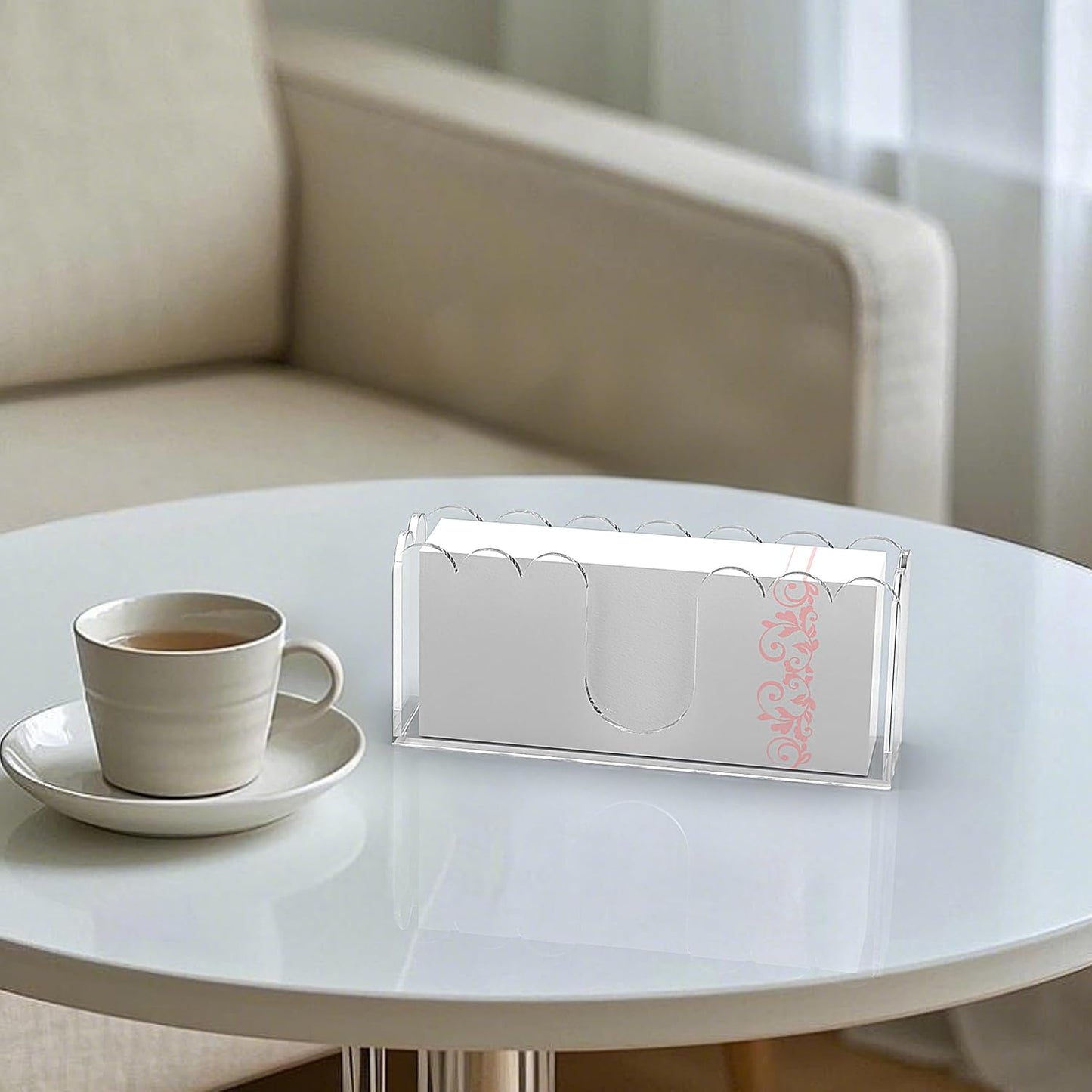 LUGUNU Clear Acrylic Napkin Holder – Scalloped Tray for Bathroom, Kitchen, Dining Room – Stylish Guest Hand Towel & Disposable Paper Holder for Weddings, Hotels, and Home Decor (9x2.4x4 inch)