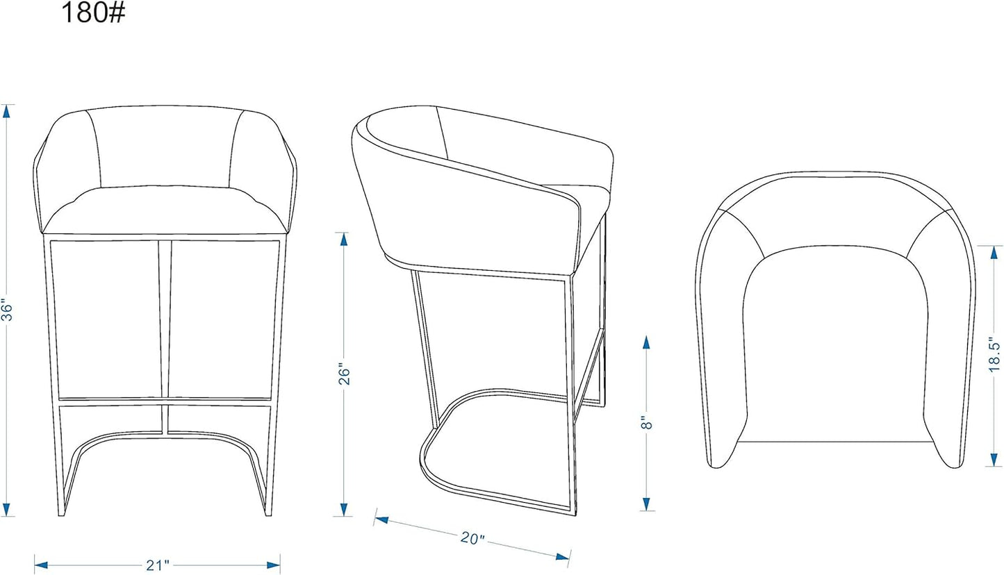 Manhattan Comfort Louvre 26 Inch Mid Century Modern Counter Height Bar Stools - Elegant Faux Leather Padded Seat, Stainless Steel Base with Footrest, Fully Assembled Barstools, Set of 3, Cream