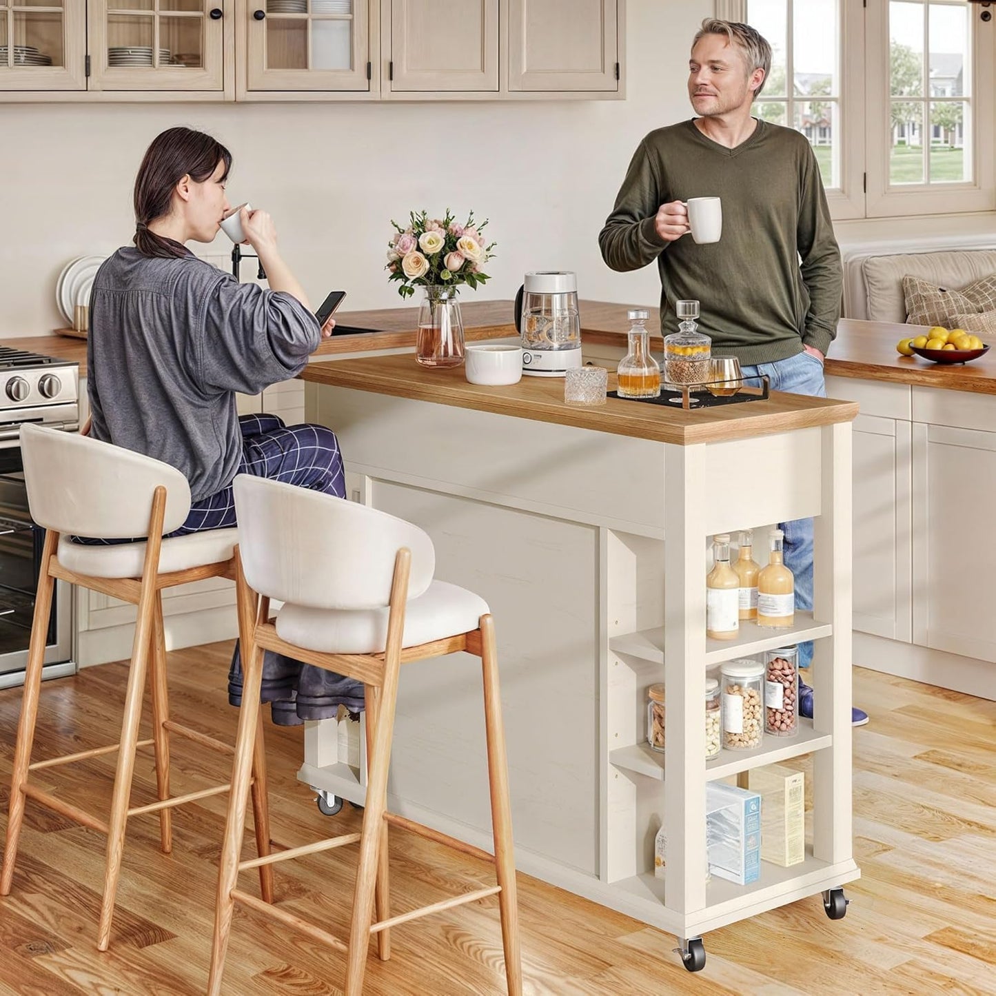 DWVO Kitchen Island with Storage Cabinet, Farmhouse Rolling Island Table on Wheels, Americana Mobile Storage Islands with Open Shelves, Drawers for Living Room, Dining Room, Off White