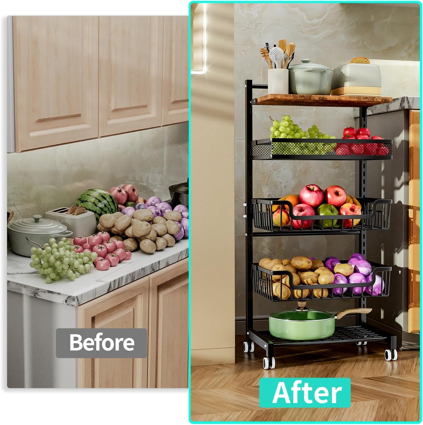 HapiRm Fruit Basket Kitchen Cart - 5 Tier Adjustable Vegetable Storage Rack, Large Capacity Rolling Kitchen Carts on Wheels for Snack Onion and Potato Storage