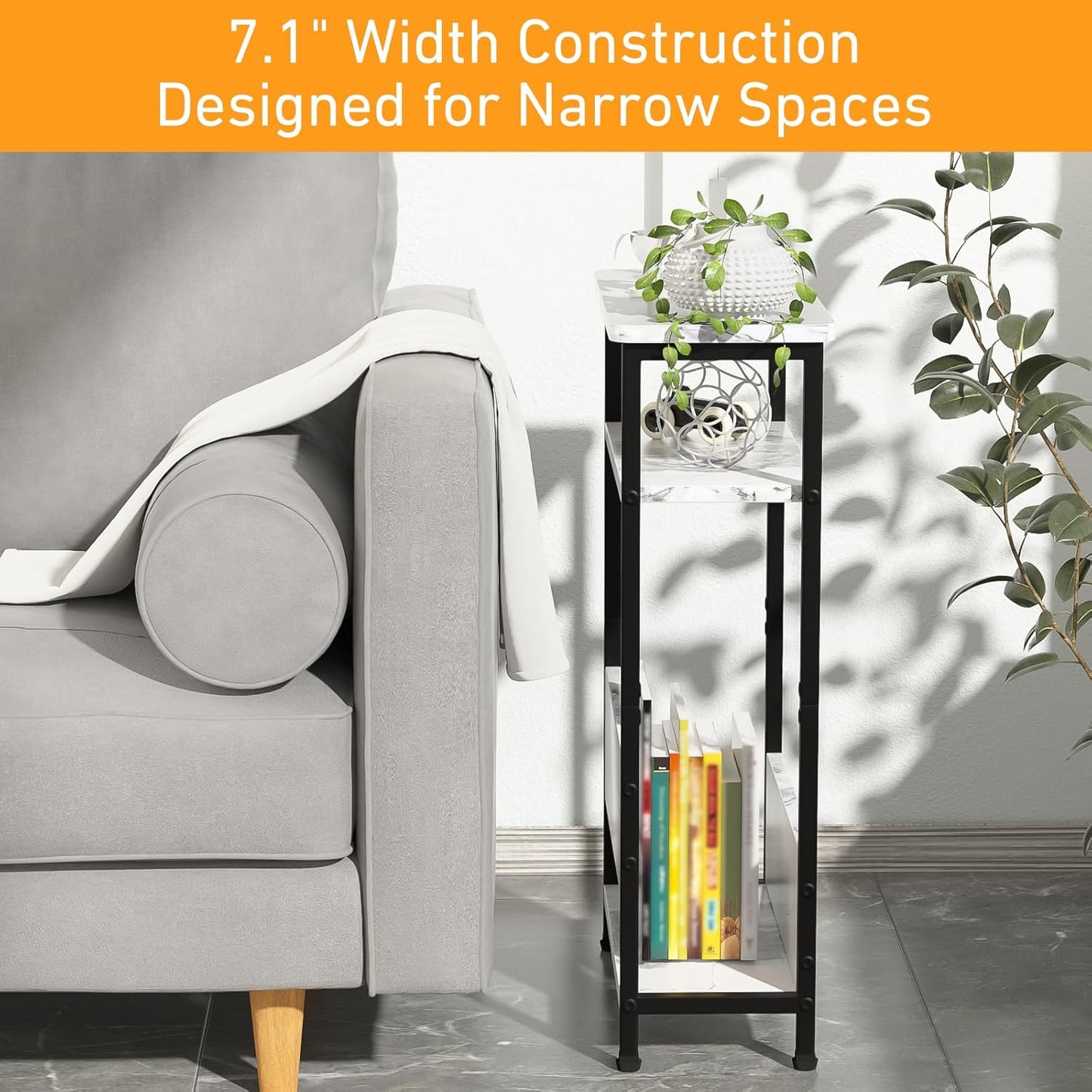 7.1" Narrow Side Table for Small Spaces, 3 Tier Small End Table with Magazine Holder, Slim/Skinny Nightstand/Bedside Table for Living Room, Bedroom, 15.4" L x 24.2" H, Faux White Marble