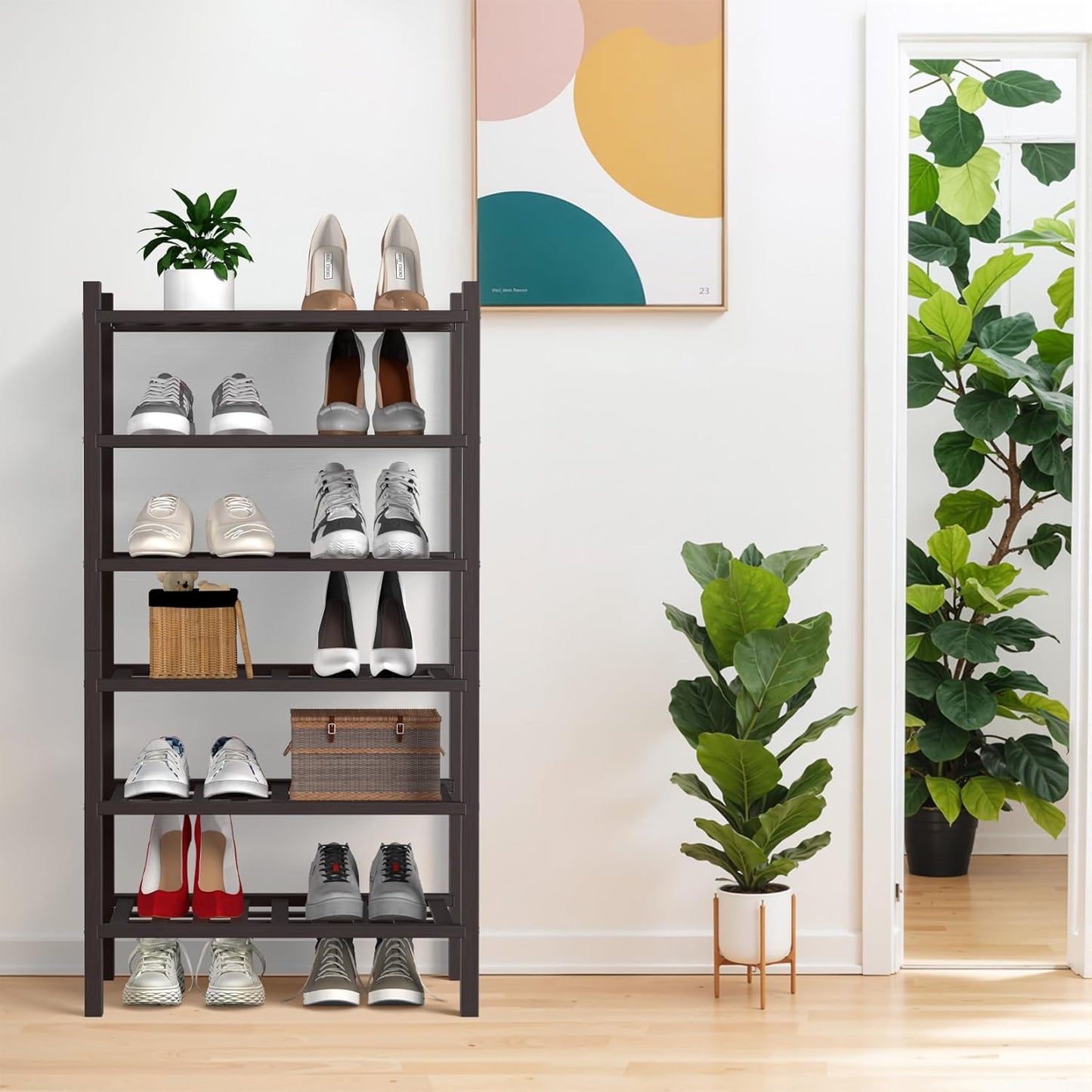 Haddockway small 6 Tier Bamboo Shoe Rack Storage Organizer, Multifunctional Free Standing Stackable Shoe Shelf with Grid Panel for Closet,Hallway,Entryway,Small Space 18"x11"x34"(Brown, 6-Tier(Small))